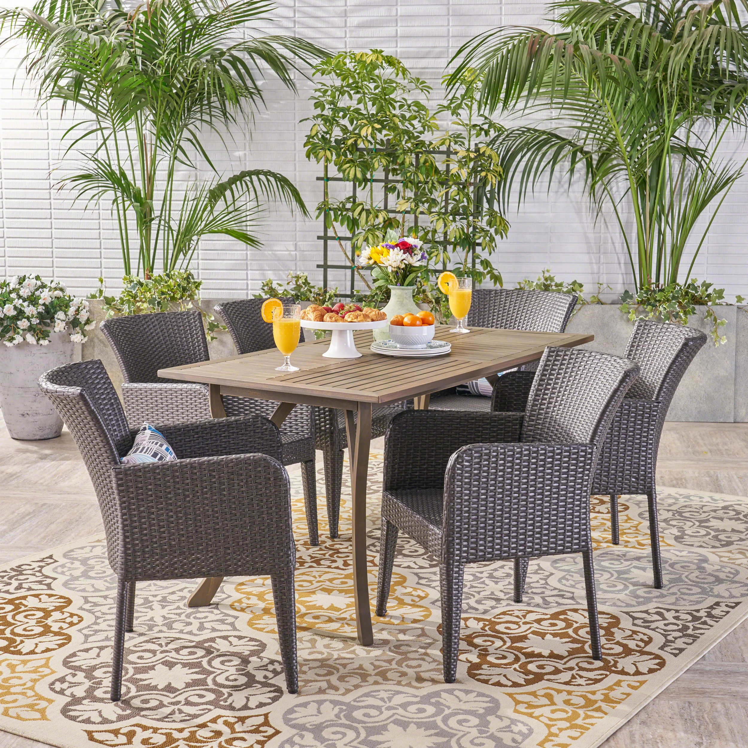 Freeman Outdoor 7 Piece Wood and Wicker Dining Set, Gray with Gray Chairs - furnishings