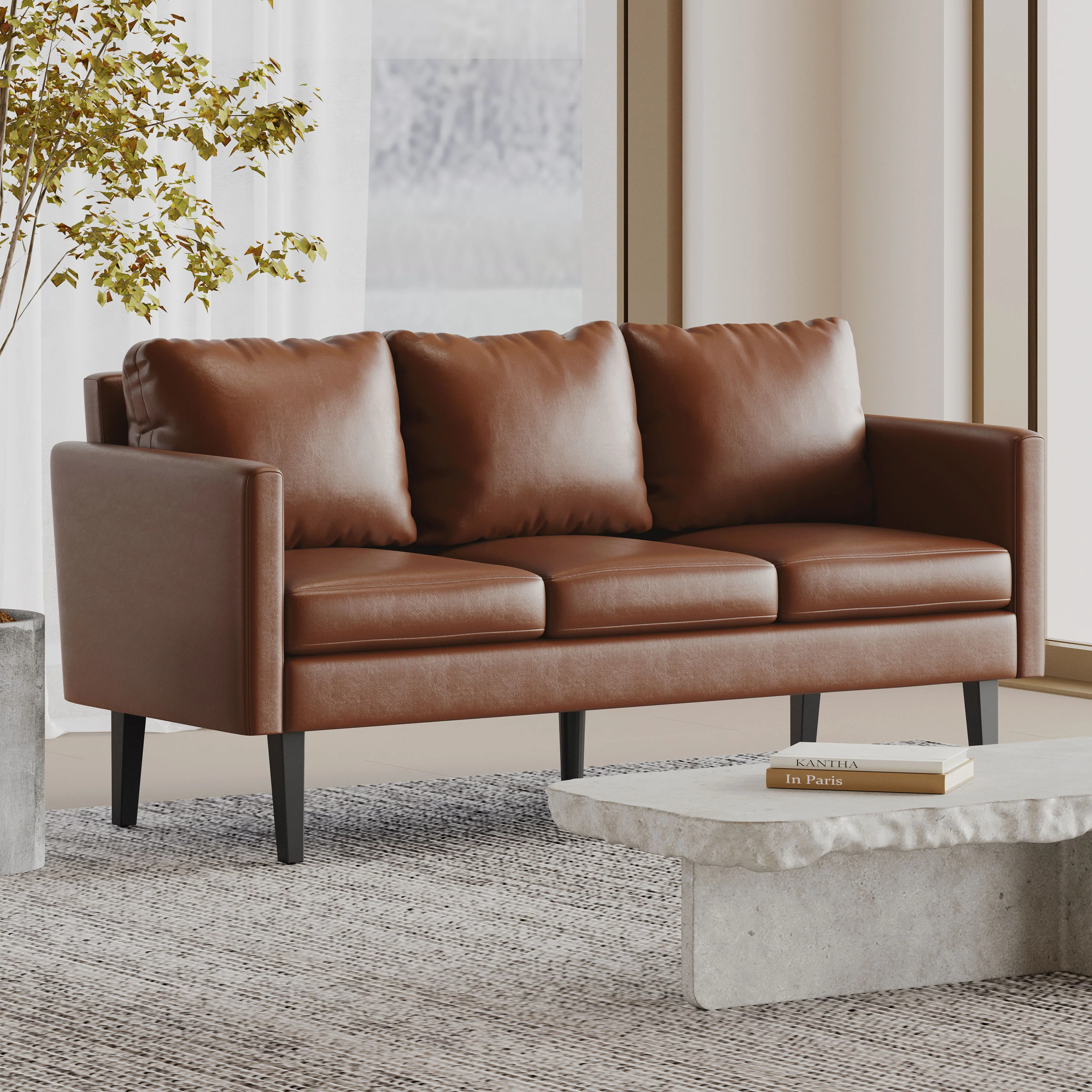 Dowd Mid Century Modern Faux Leather 3 Seater Sofa - furnishings