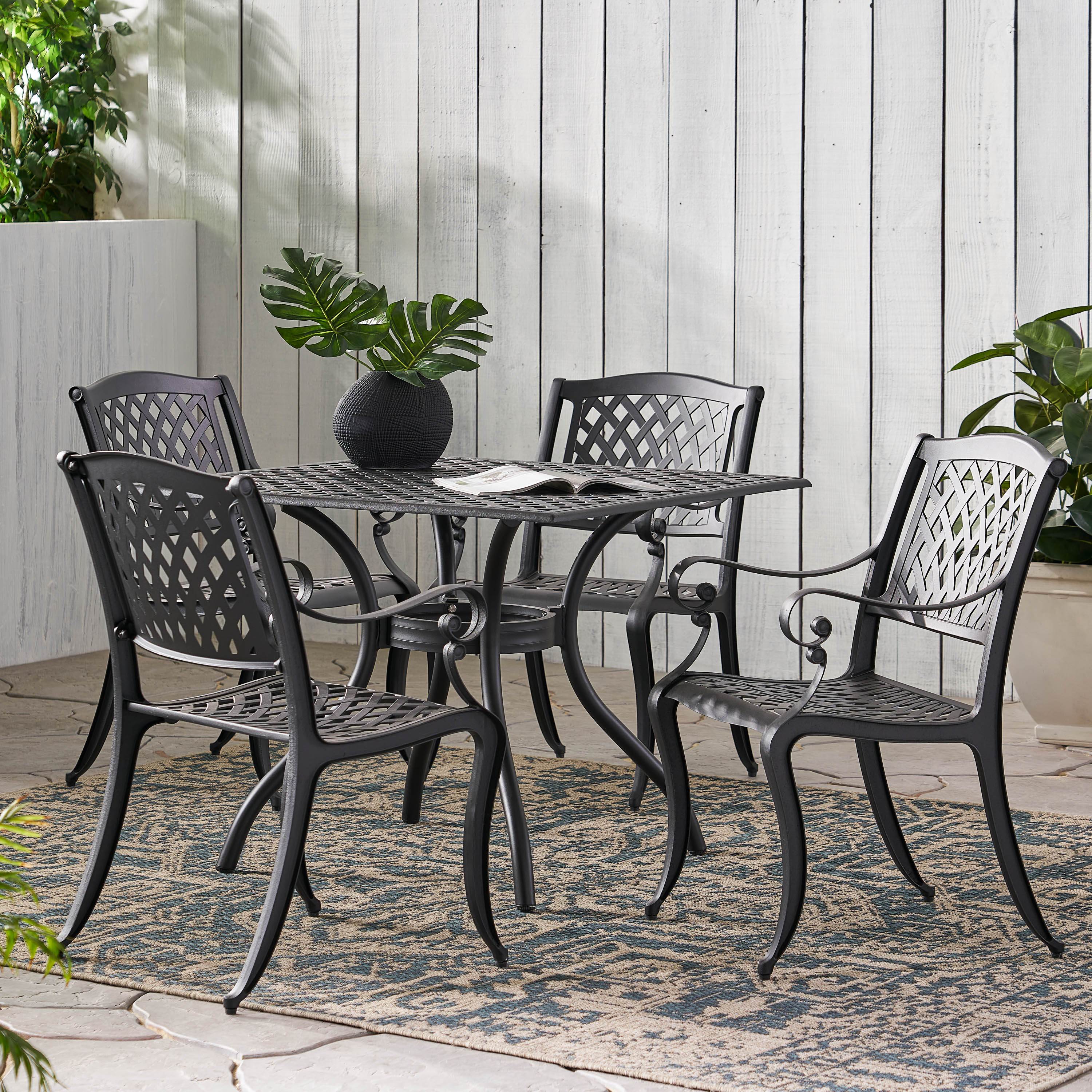Marietta Traditional Outdoor 5-Piece Black Sand Cast Aluminum Dining Set - furnishings