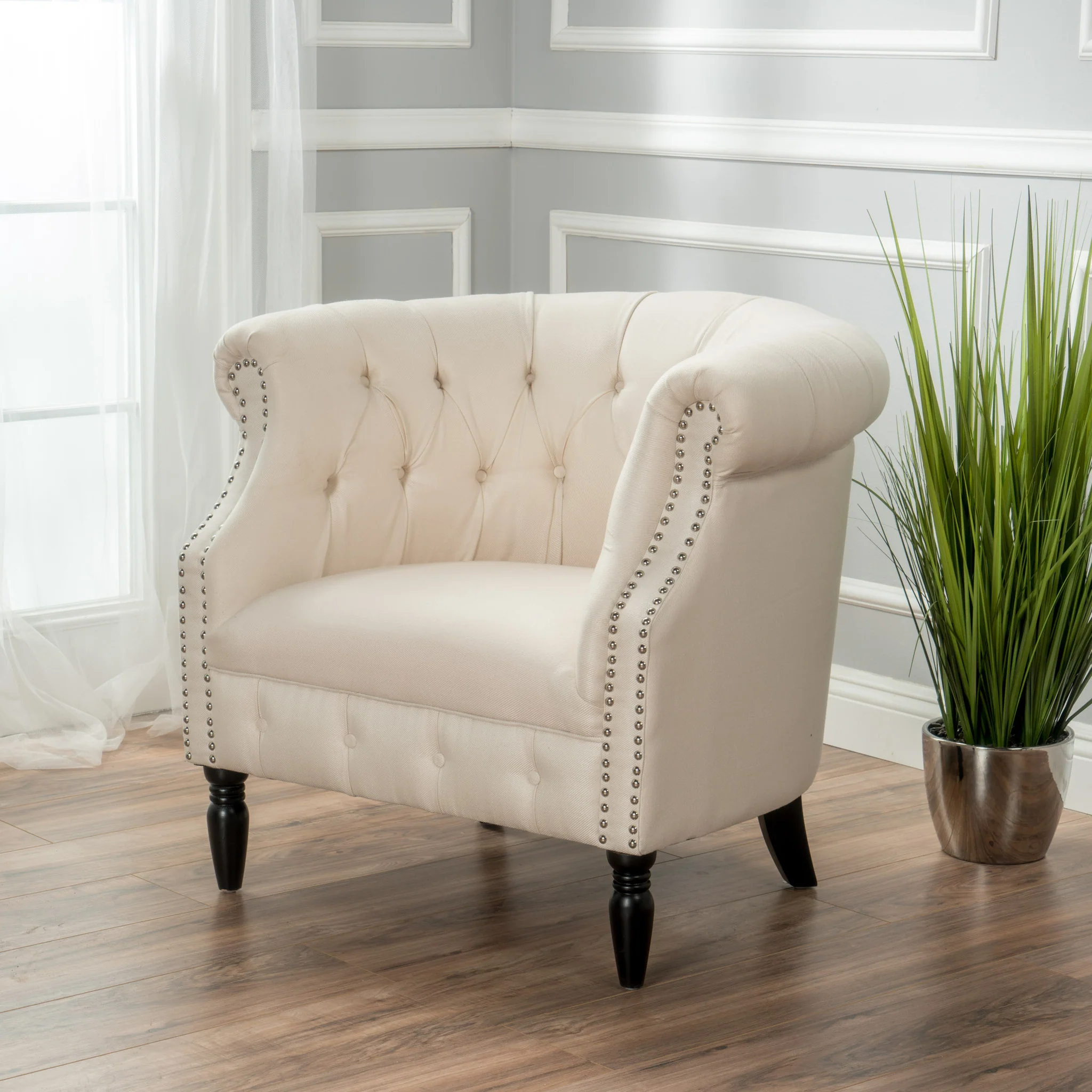 Aries Rolled Back Button Tufted Fabric Tub Design Club Chair - furnishings