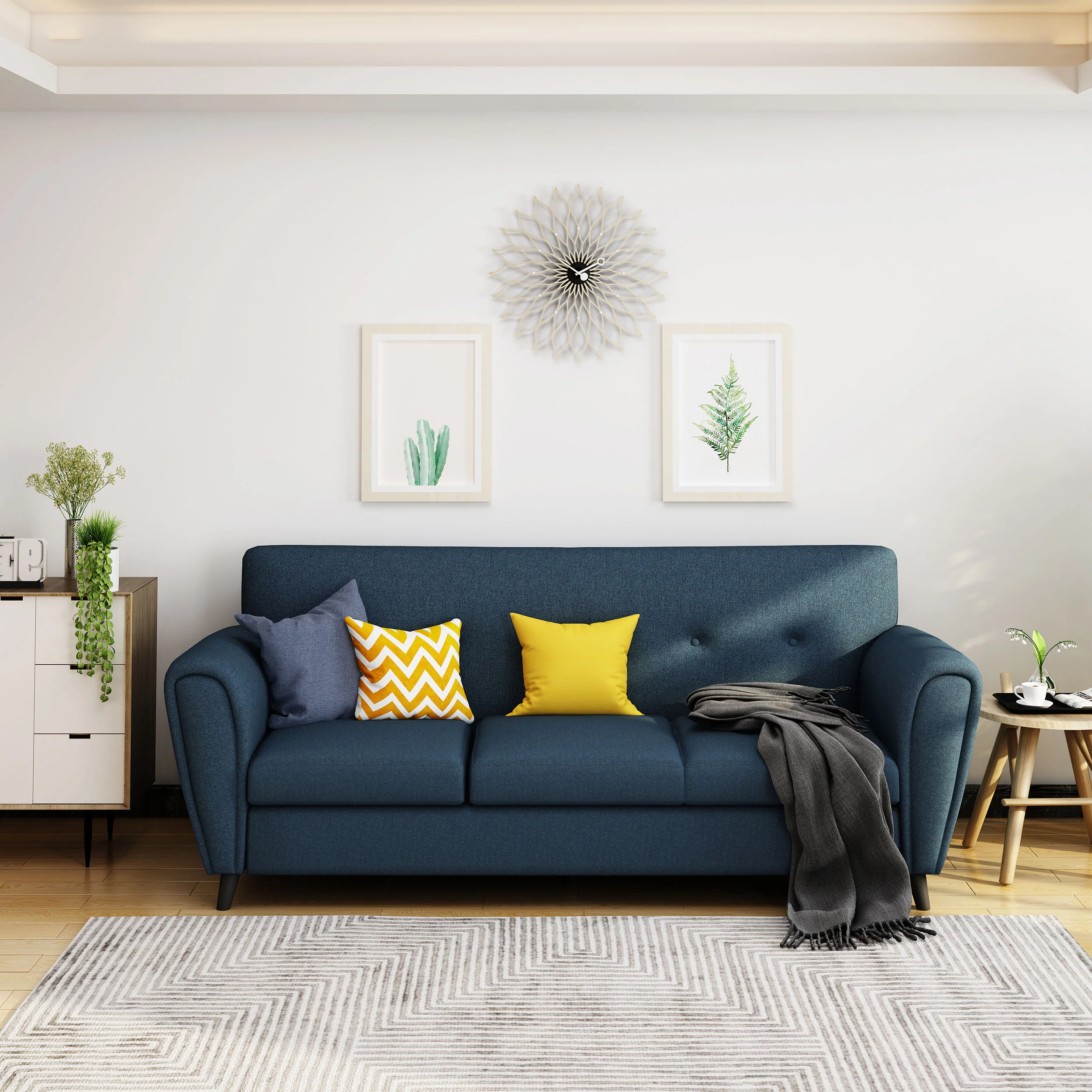 Emily Contemporary Button Tufted Fabric Upholstered Three-Seater Sofa - furnishings