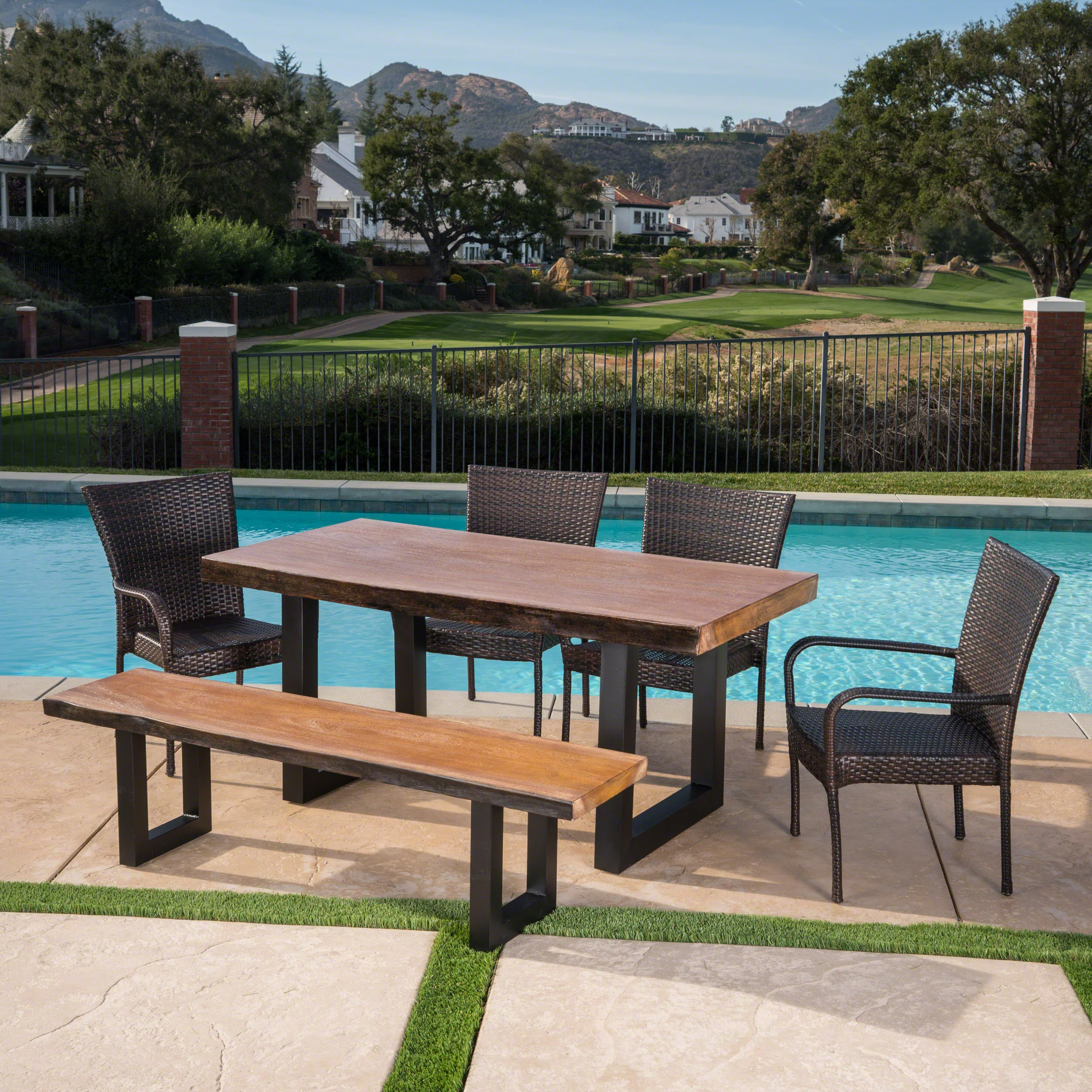 Danae Outdoor 6 Piece Wicker Dining Set with Concrete Table and Bench - furnishings