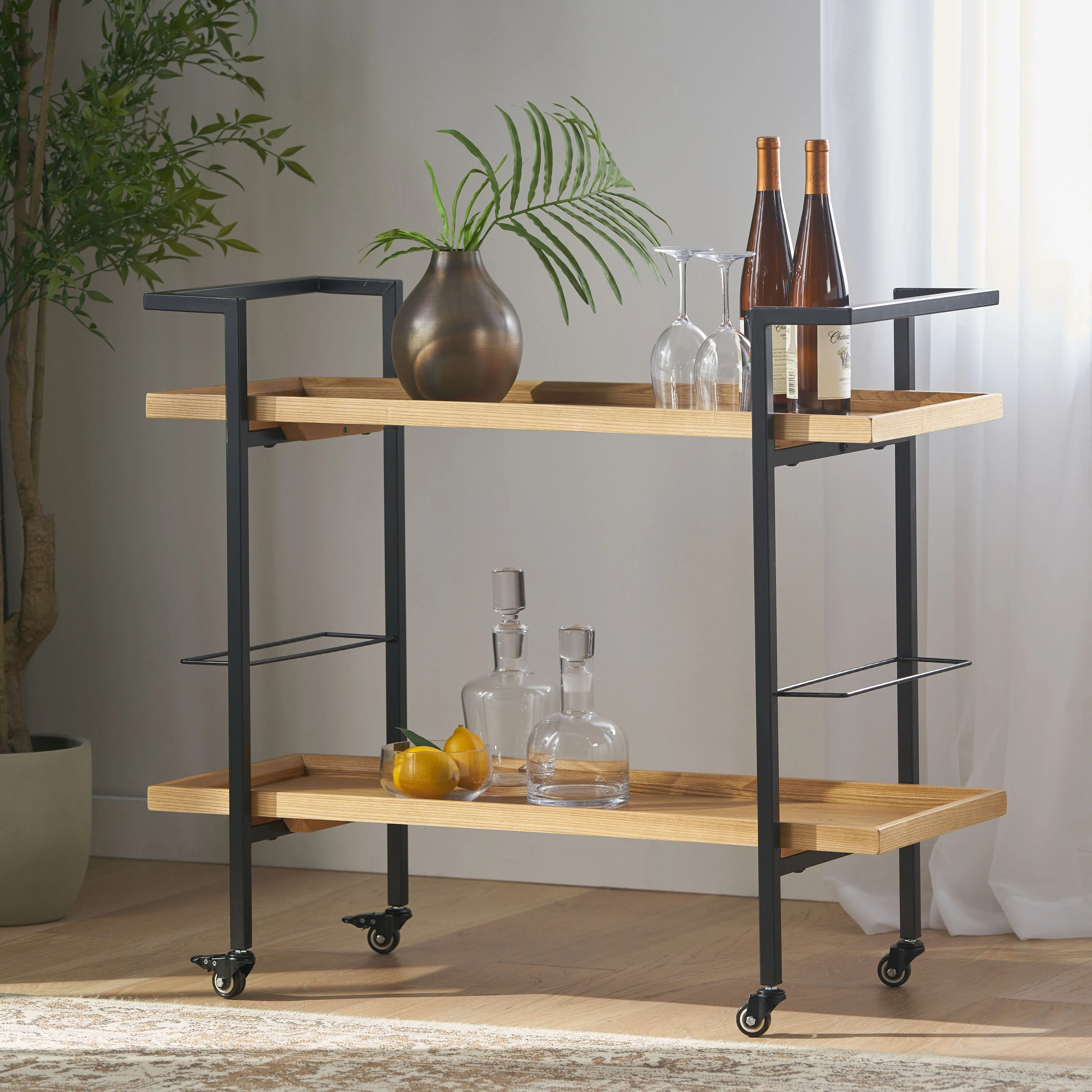 Gerard Modern Industrial Two Shelf Wood Finished Bar Cart with Rolling Casters - furnishings
