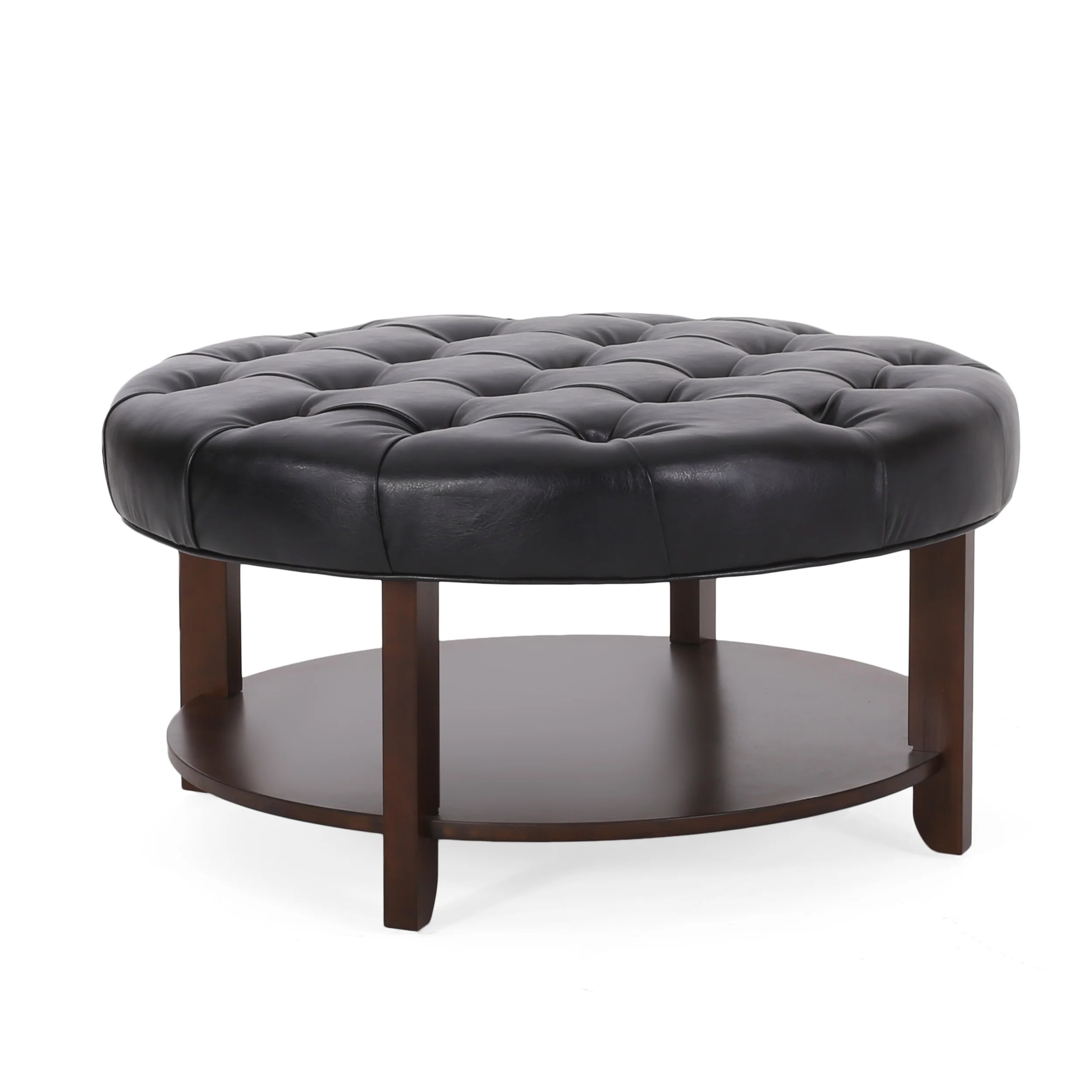 Baynes Contemporary Faux Leather Tufted Wood Round Ottoman with Open Shelf - furnishings