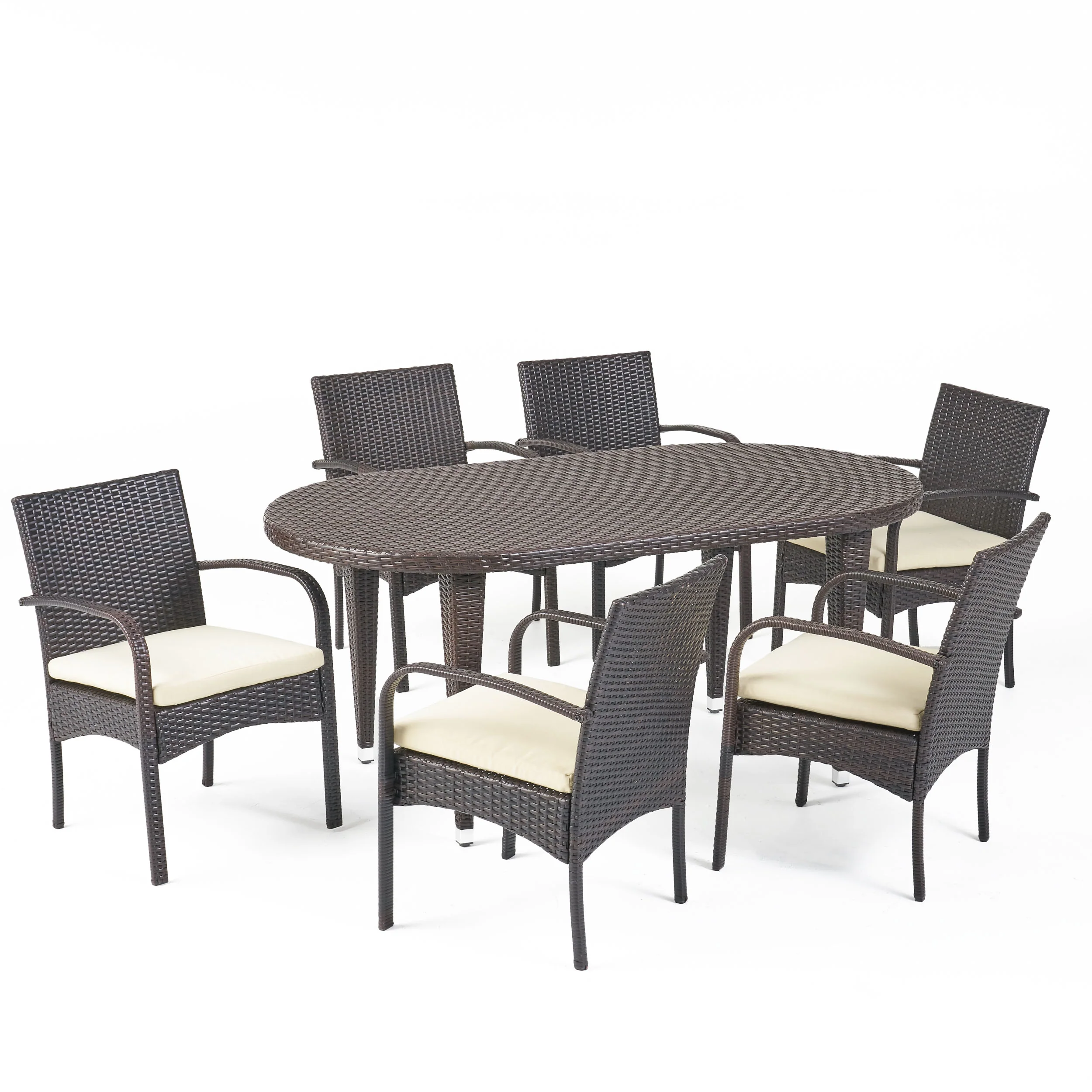 Carpenter Outdoor 7 Piece Multi-brown Wicker Dining Set with Cr?§?§me Cushions - furnishings