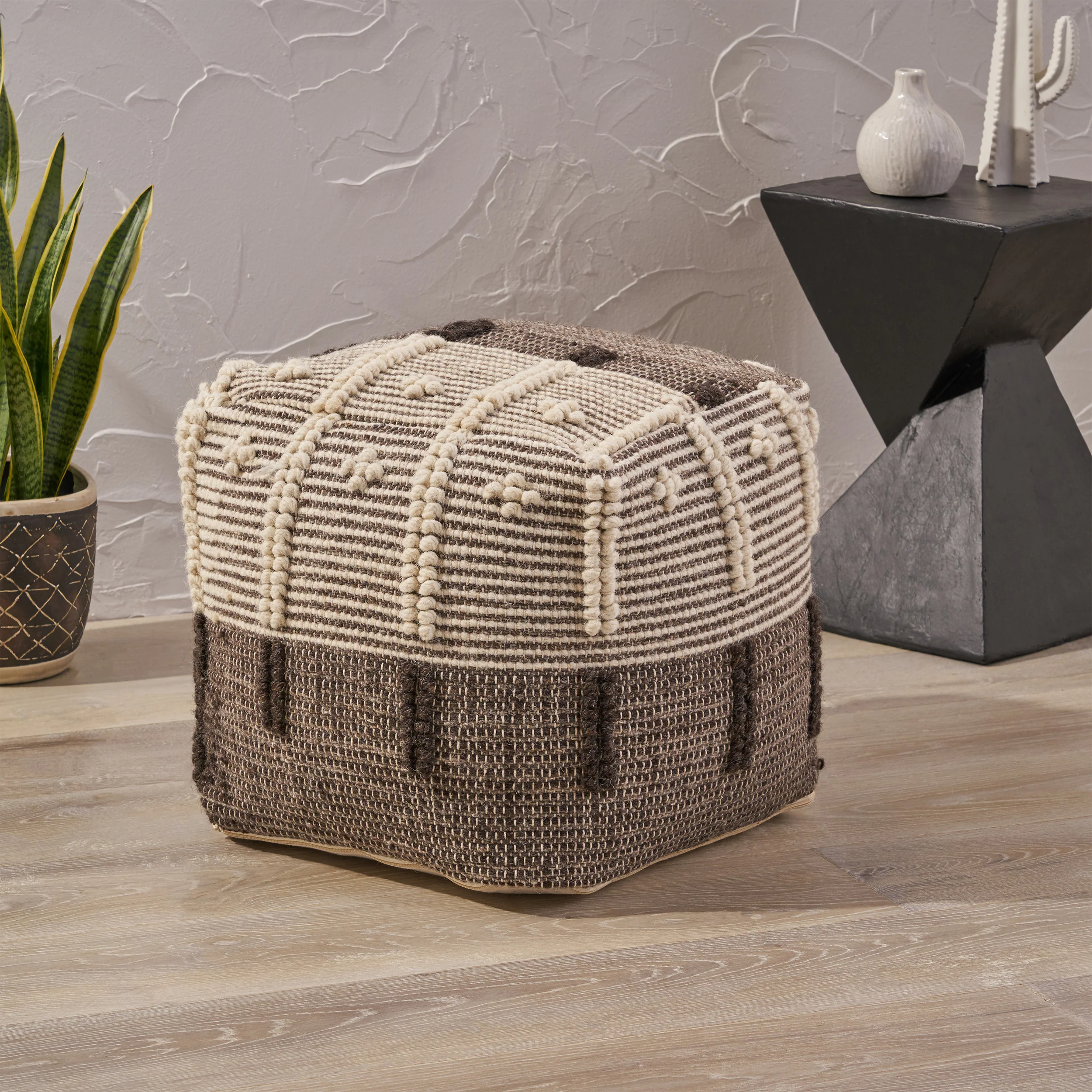 Murphie Boho Wool and Cotton Ottoman Pouf - furnishings