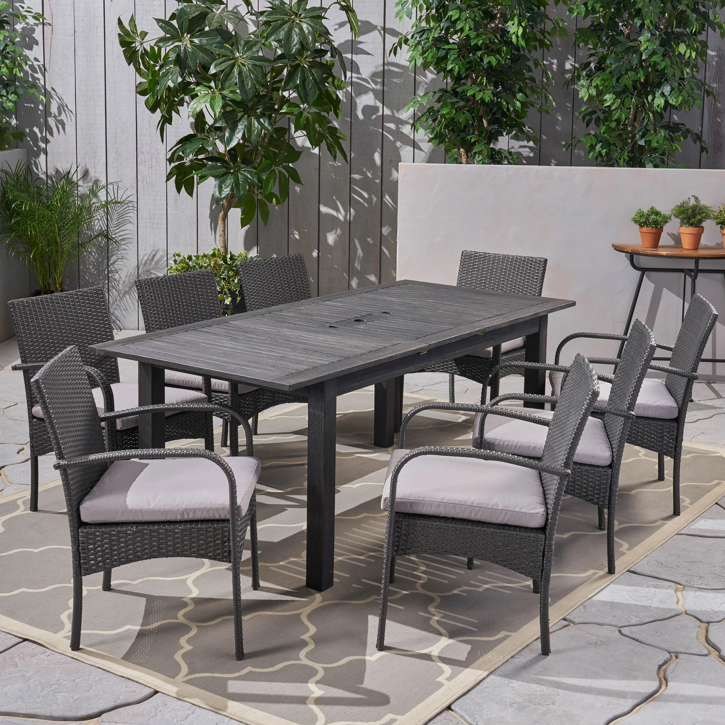 Elis Outdoor 9 Piece Wood and Wicker Expandable Dining Set - furnishings
