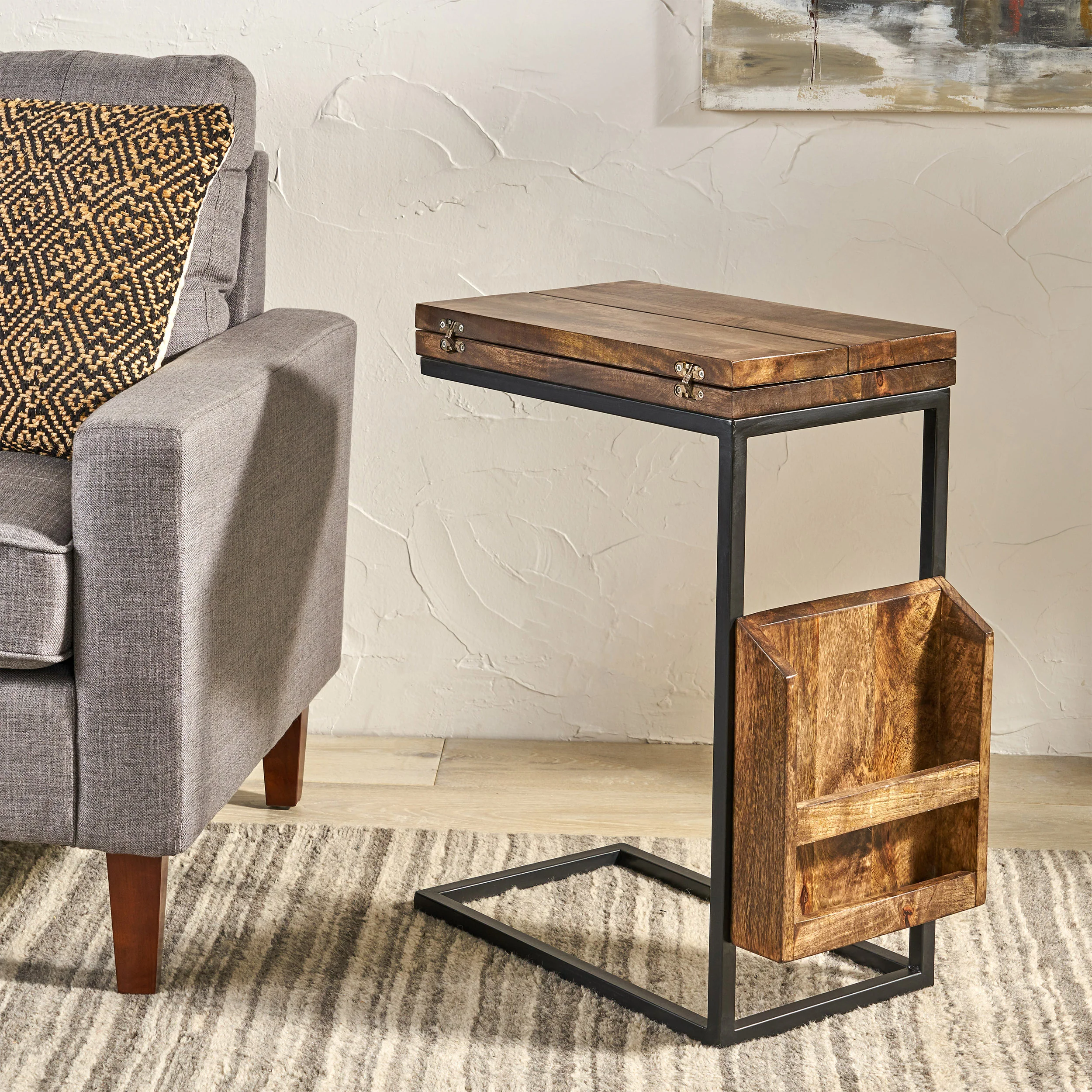 Ayzen Modern Industrial Mango Wood Adjustable C-Shaped End Table with Magazine Rack - furnishings