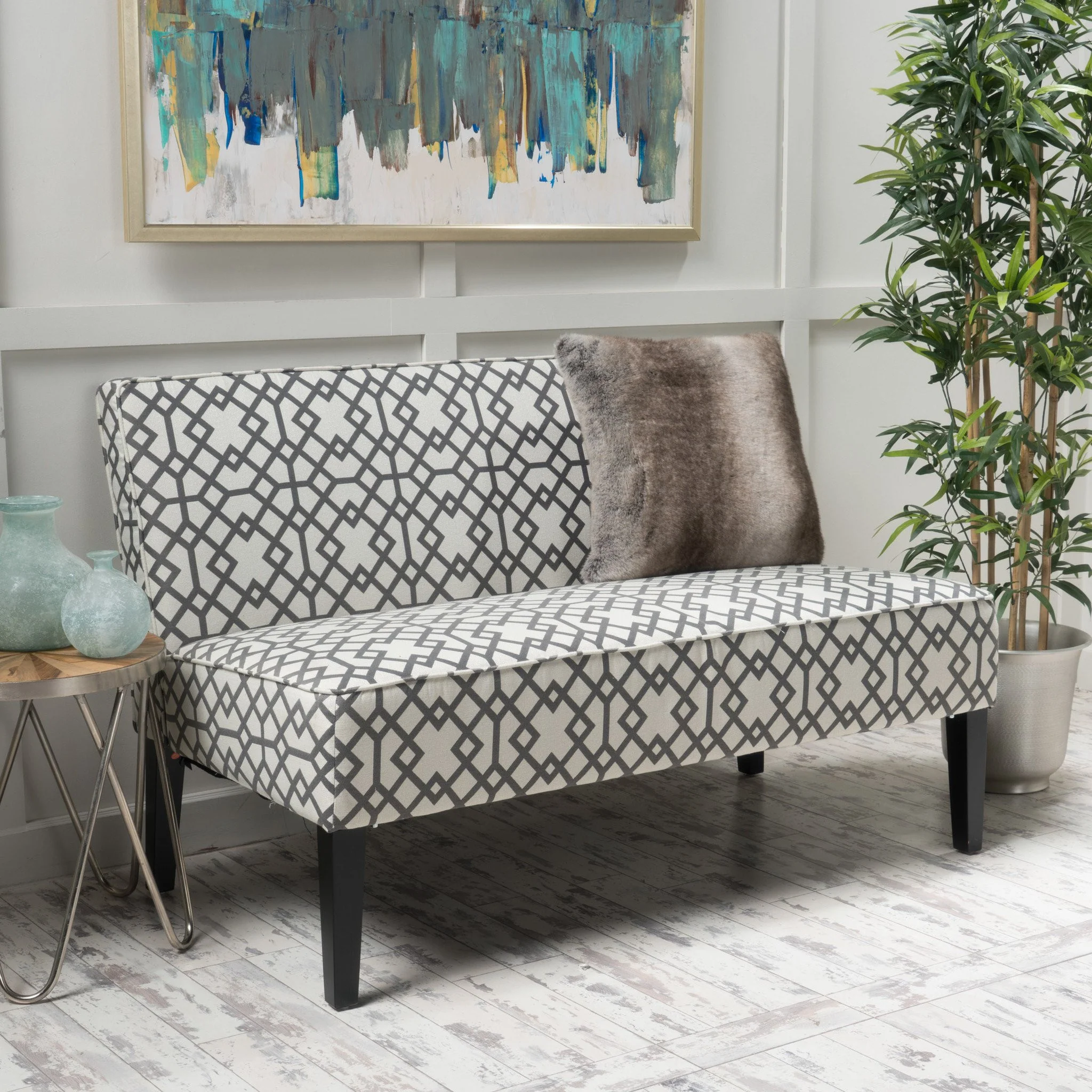 Charlotte Grey Geometric Patterned Fabric Settee - furnishings