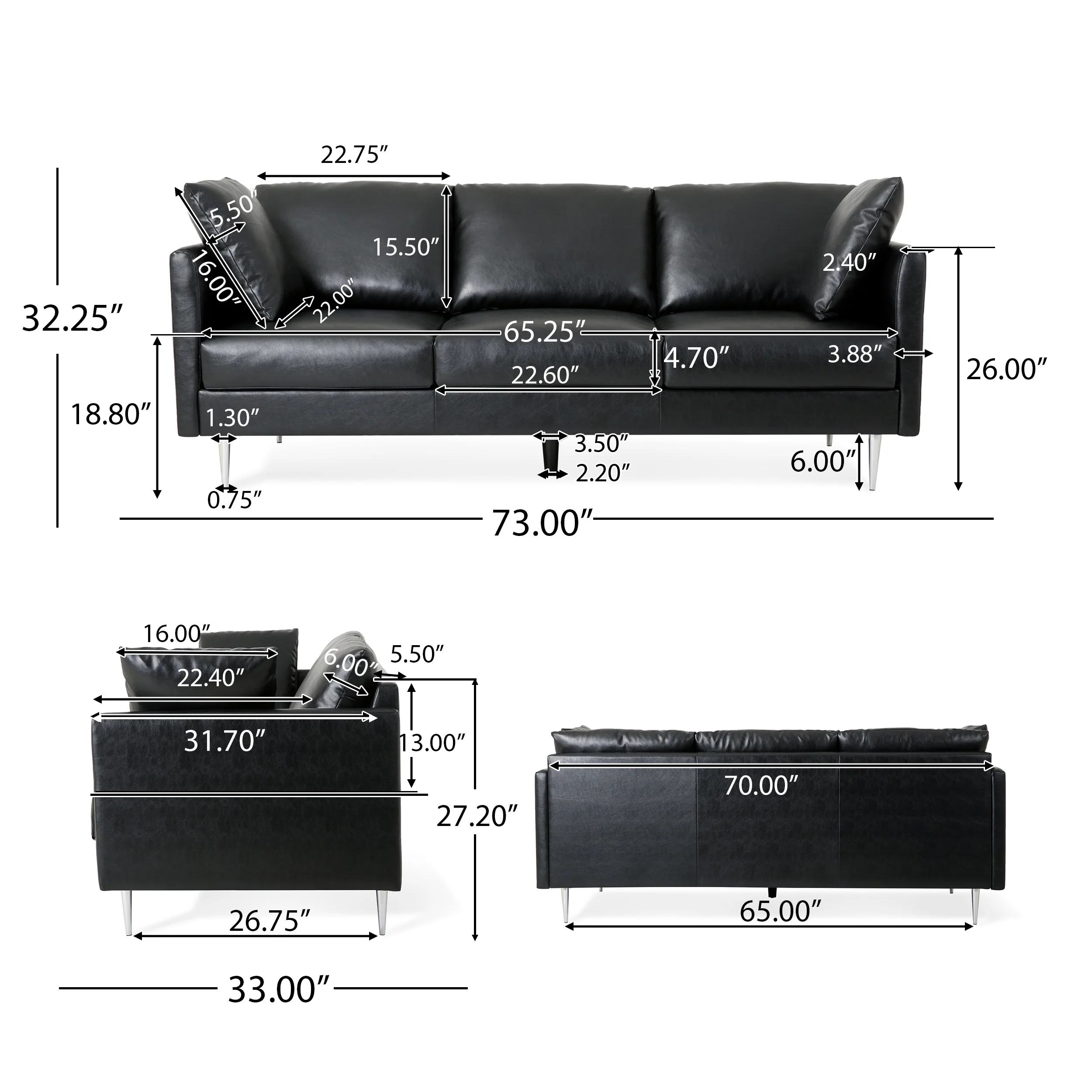 Syosset Modern Faux Leather 3 Seater Sofa with Pillows - furnishings