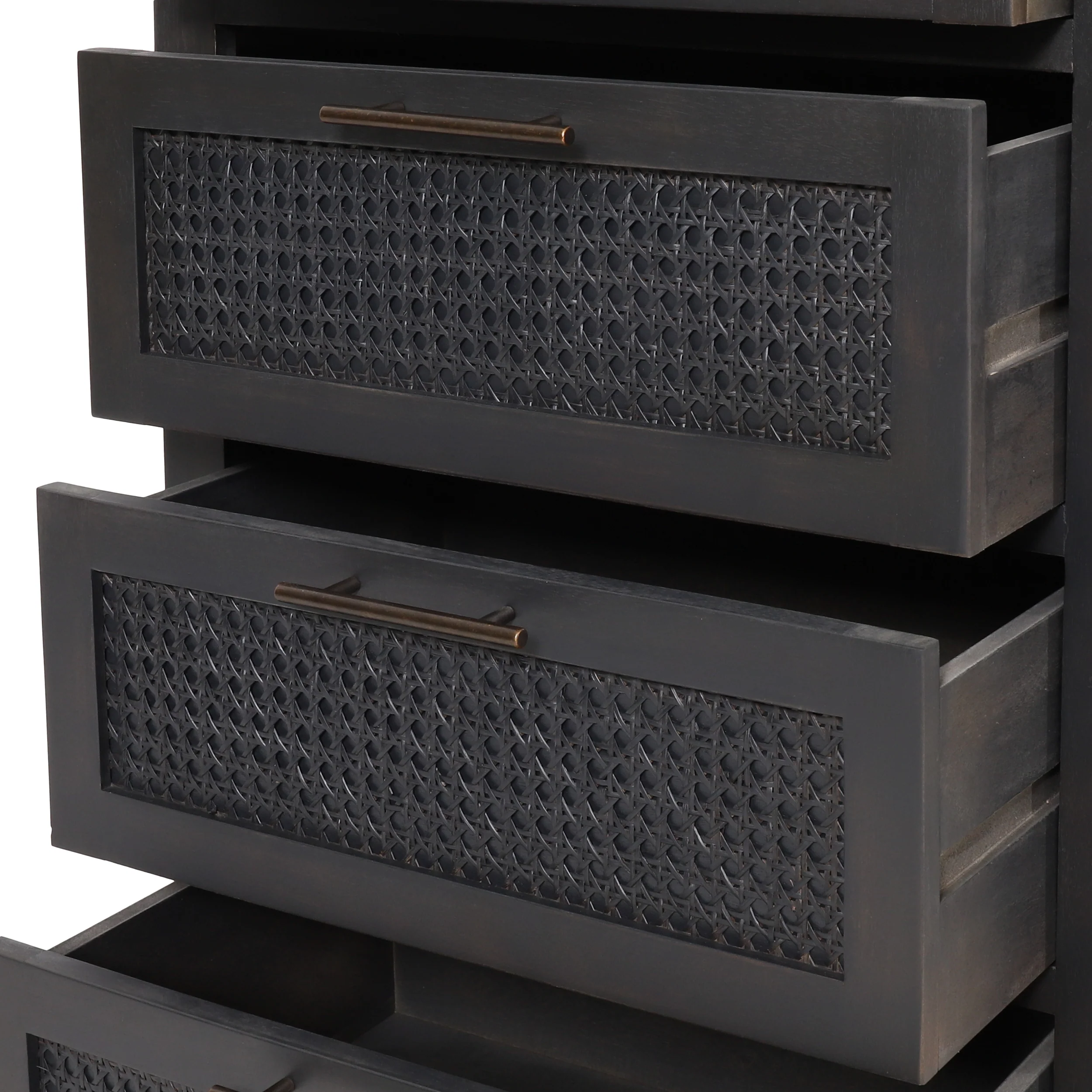 Pollards Rustic Acacia Wood and Cane 5 Drawer Dresser, Dark Gray - furnishings