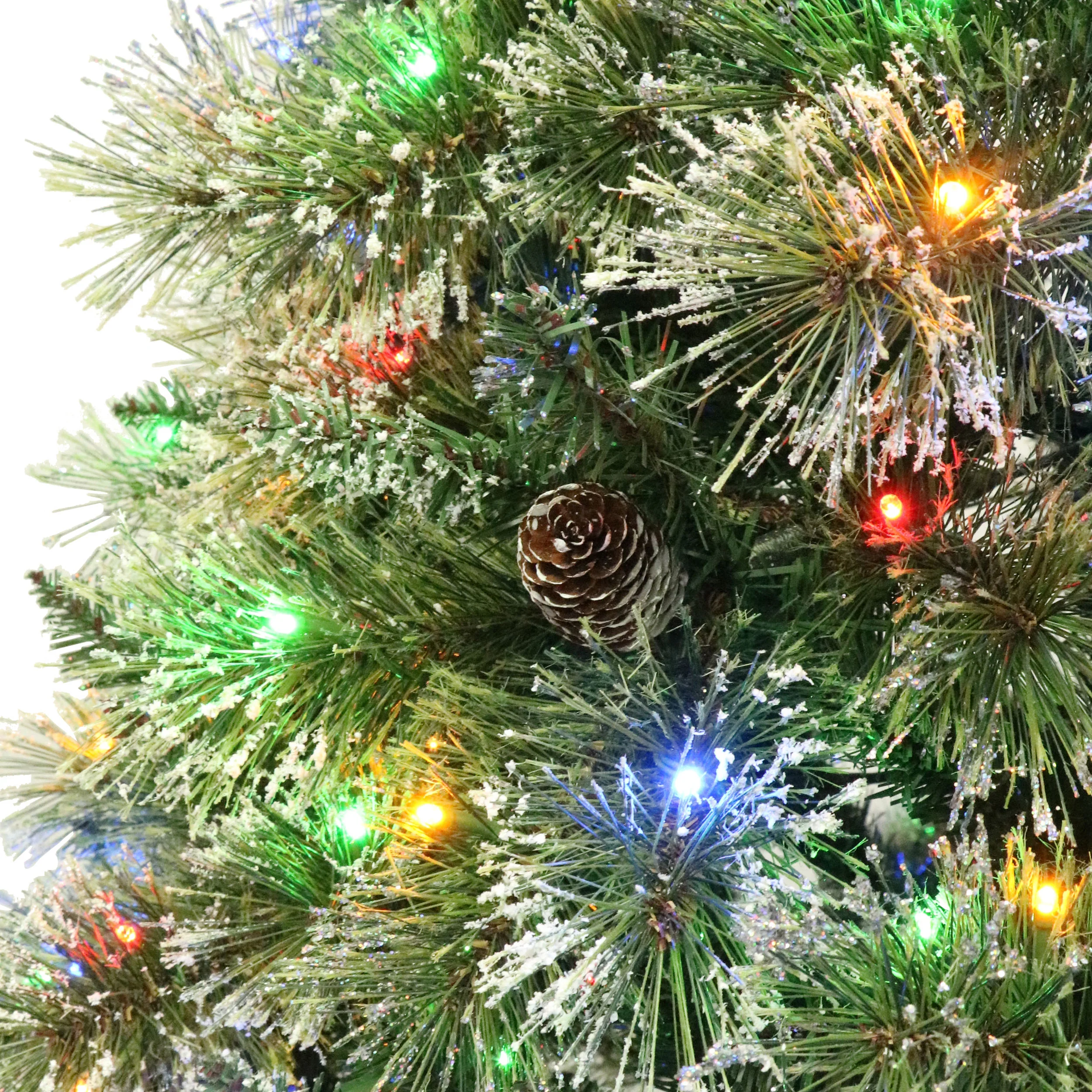 7.5-foot Cashmere Pine and Mixed Needles Pre-Lit Clear LED Hinged Artificial Christmas Tree with Snow and Glitter Branches and Frosted Pinecones - furnishings