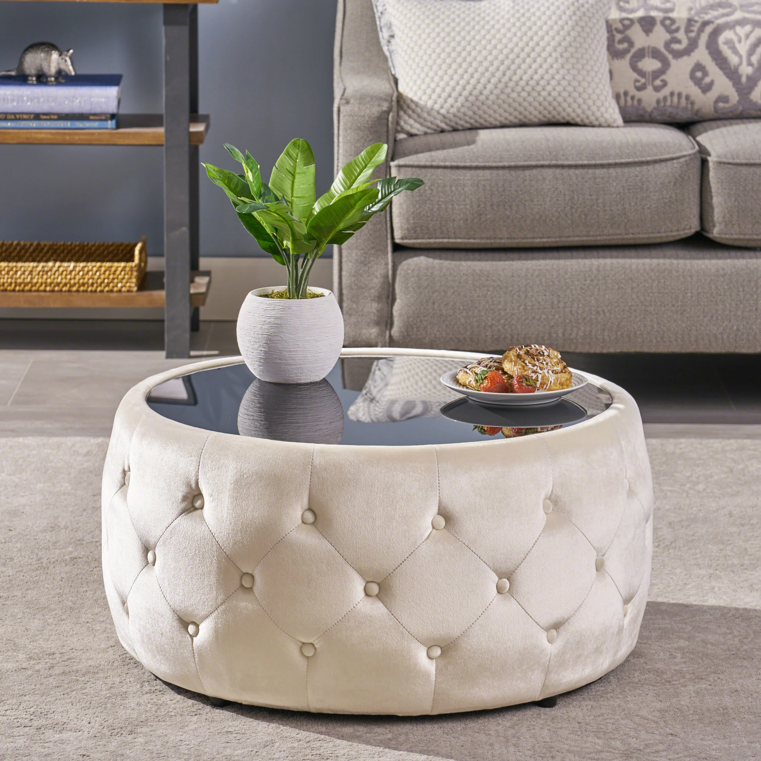 Ivy Glam Velvet and Tempered Glass Coffee Table Ottoman - furnishings