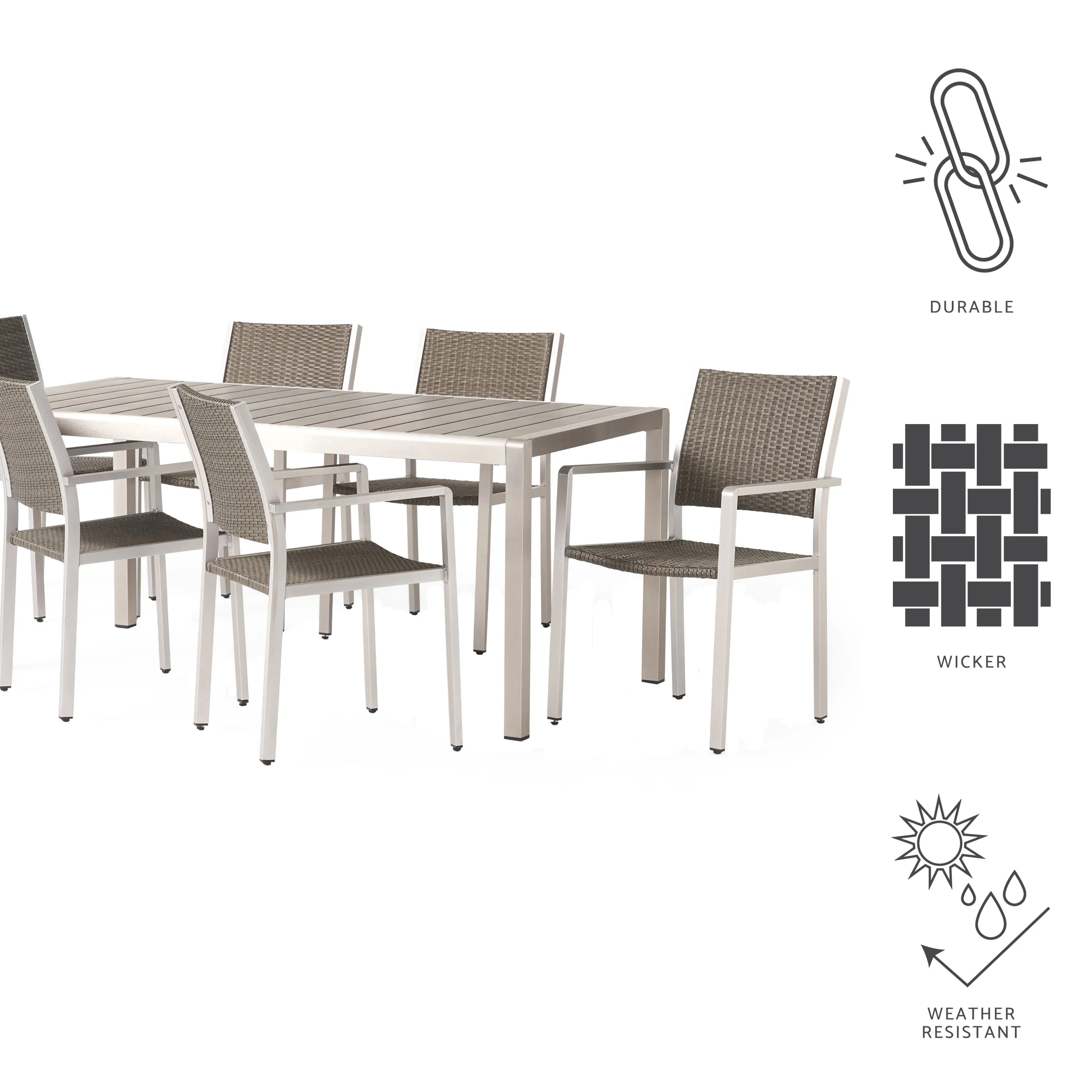 Coral Bay Outdoor 7 Piece Aluminum and Wicker Dining Set with Faux Wood Table Top - furnishings