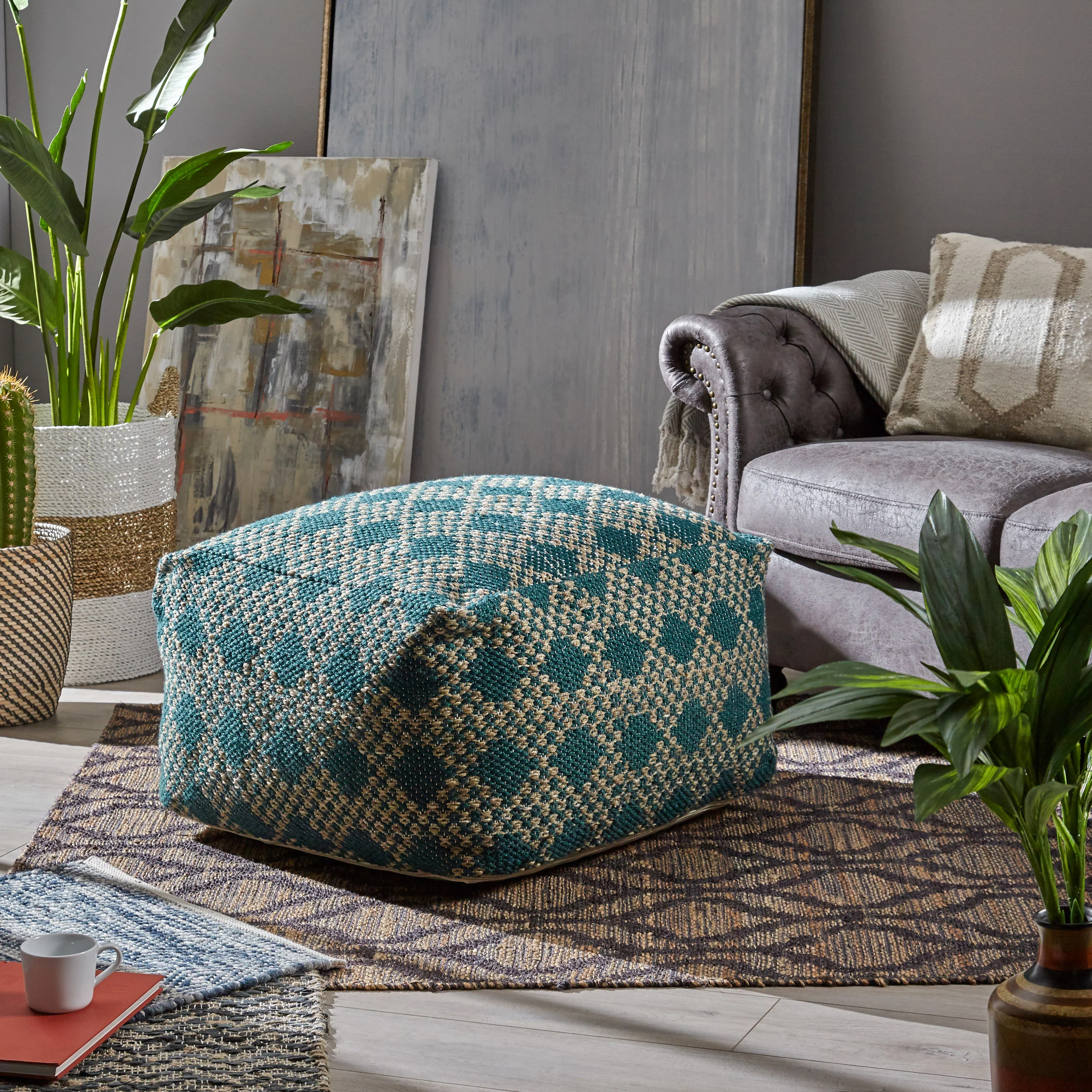 Betty Large Square Casual Pouf, Boho, Beige and Teal Yarn - furnishings