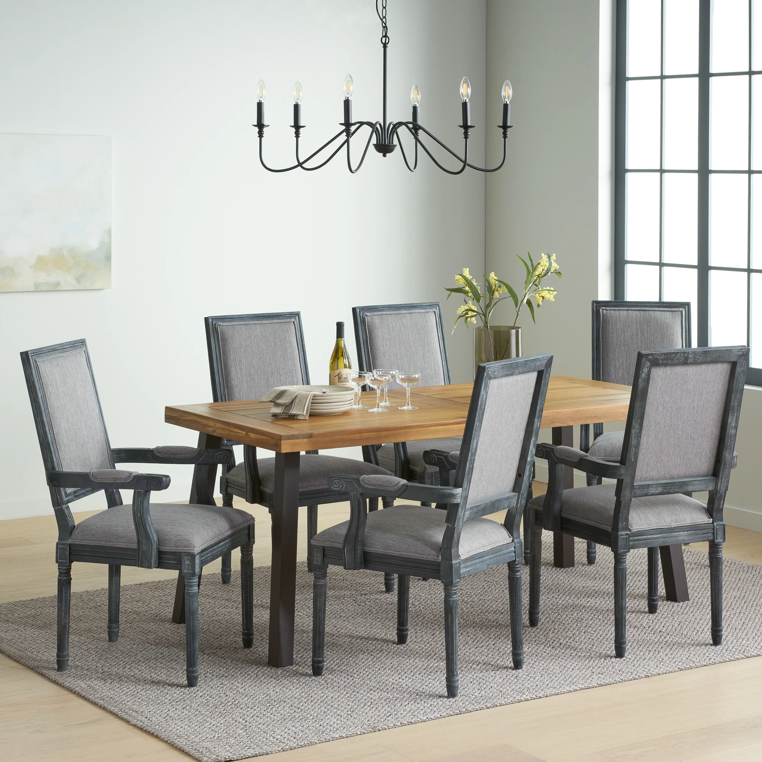 Coniston Farmhouse Fabric Upholstered Wood and Iron 7 Piece Dining Set - furnishings