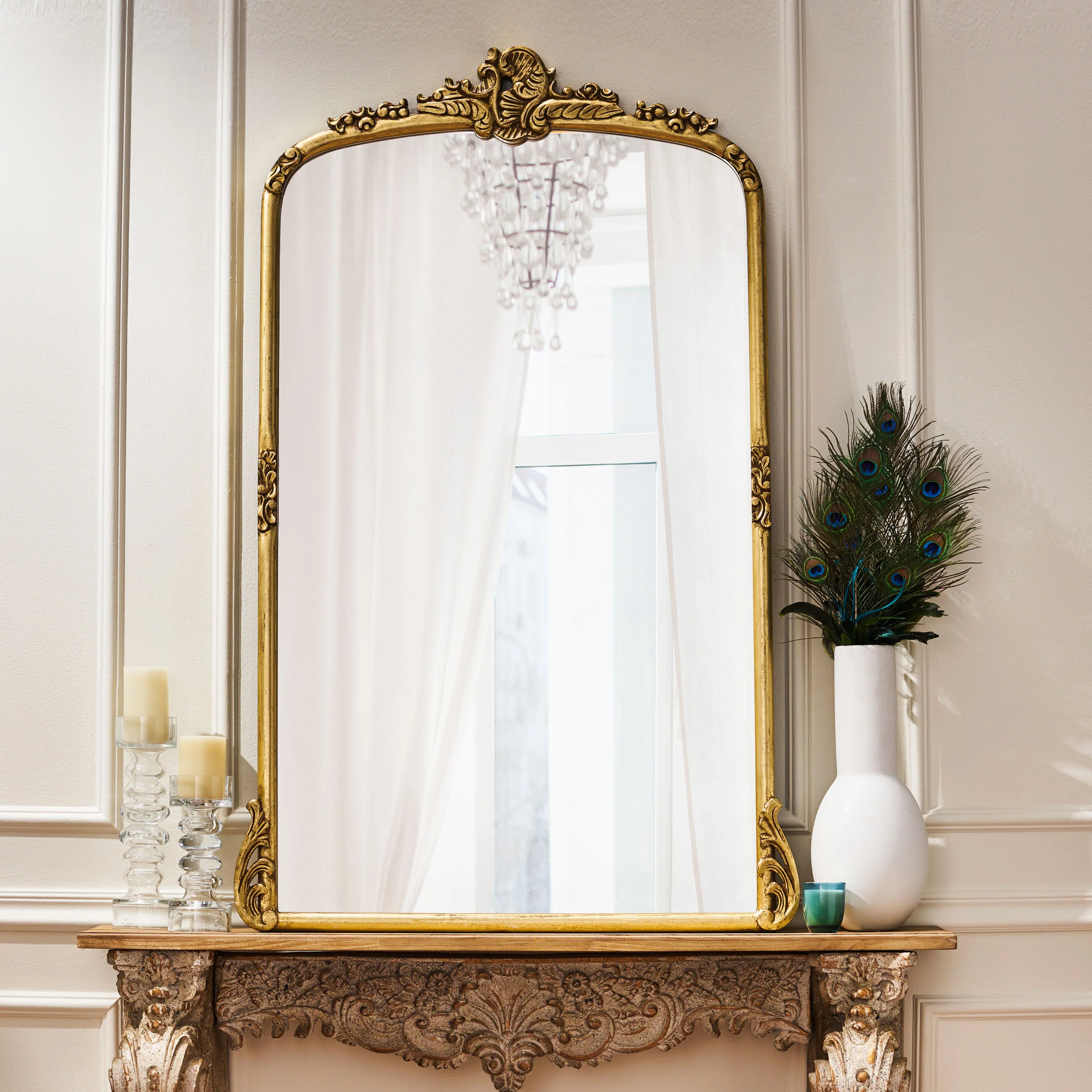 Andrea Traditional Handcrafted Over Mantle Mirror, Antique Gold - furnishings