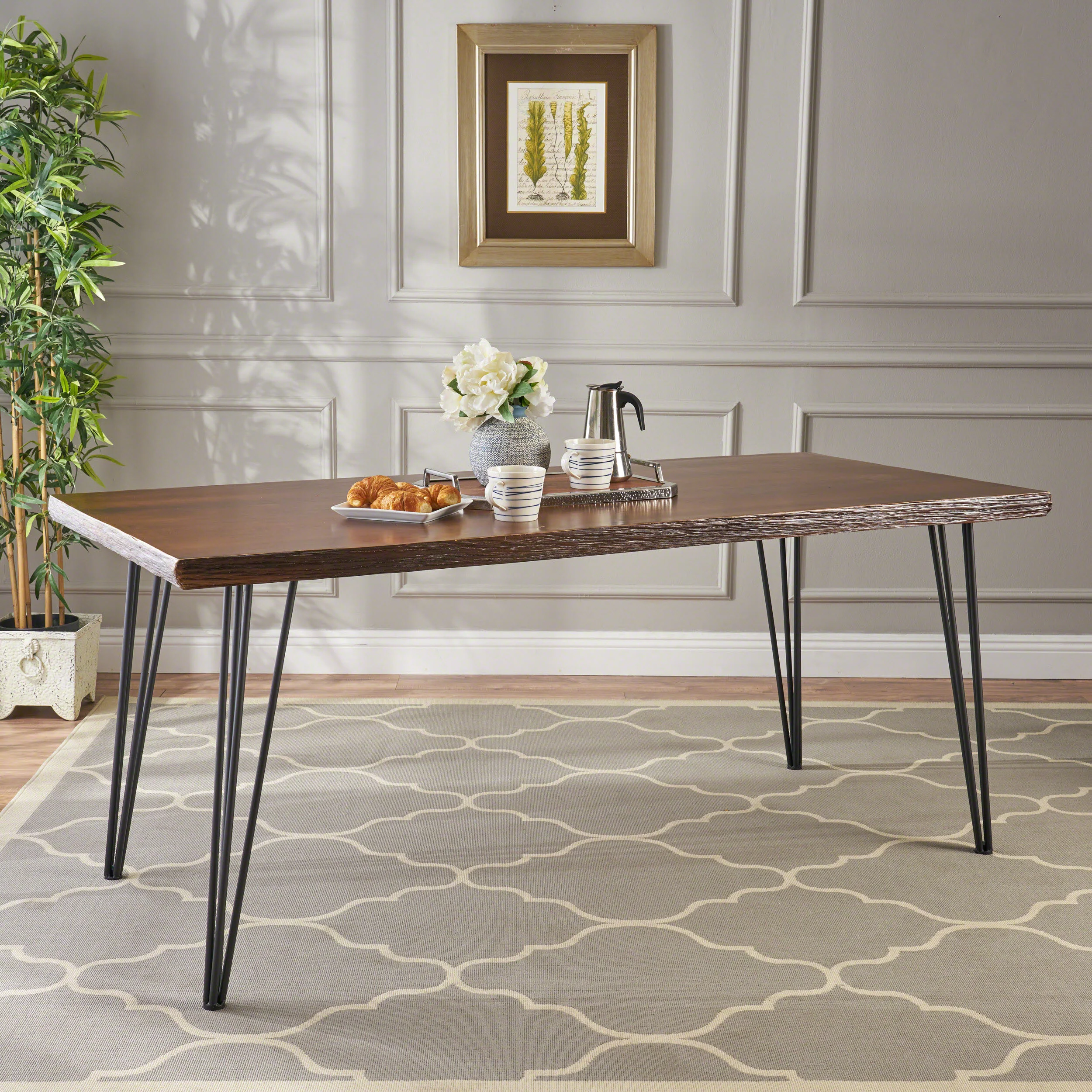 Kaia Modern Industrial Faux Live Edge Dining Table with Hairpin Legs, Natural and Black - furnishings