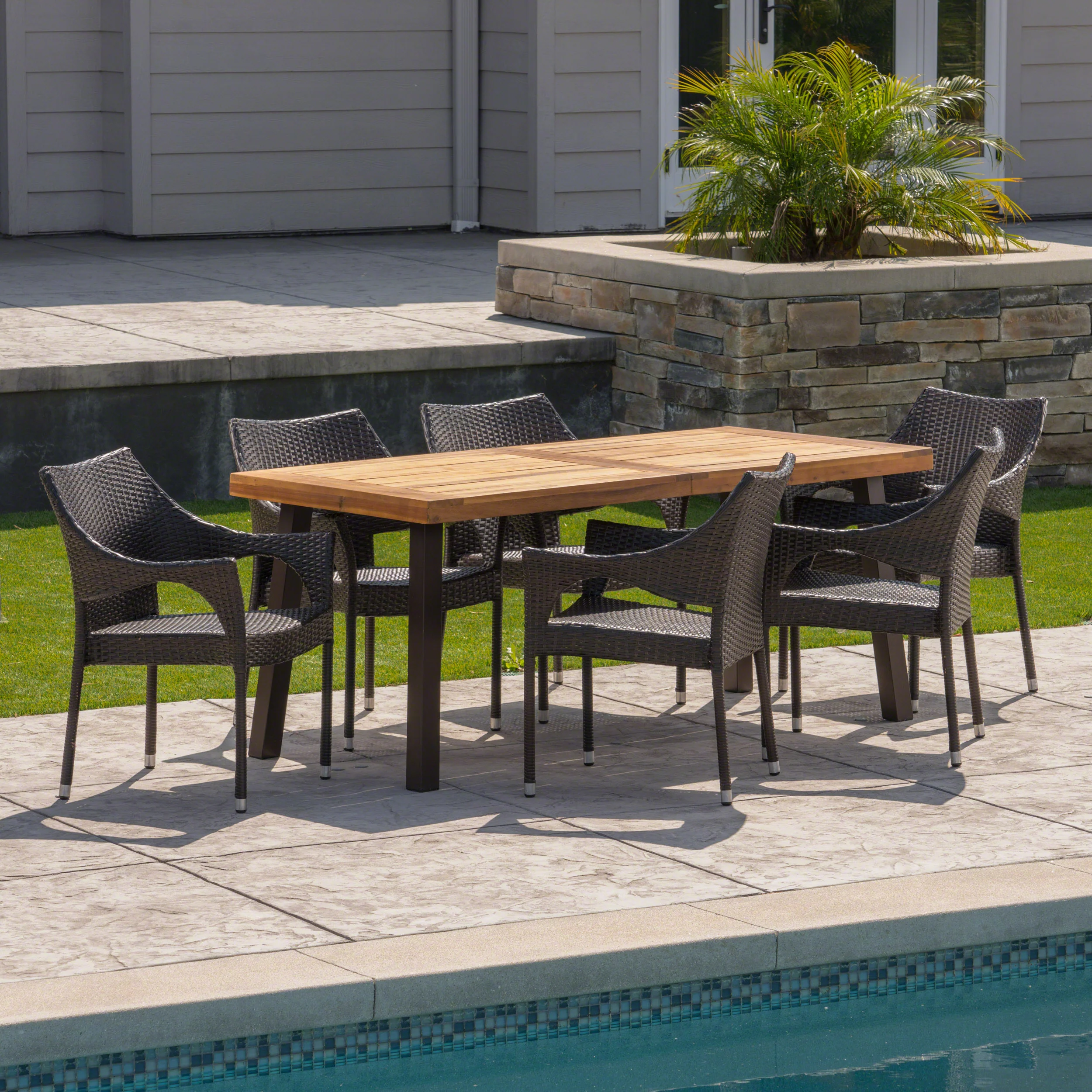 Jerome Outdoor 7 Piece Acacia Wood/ Wicker Dining Set, Teak Finish and Multibrown - furnishings