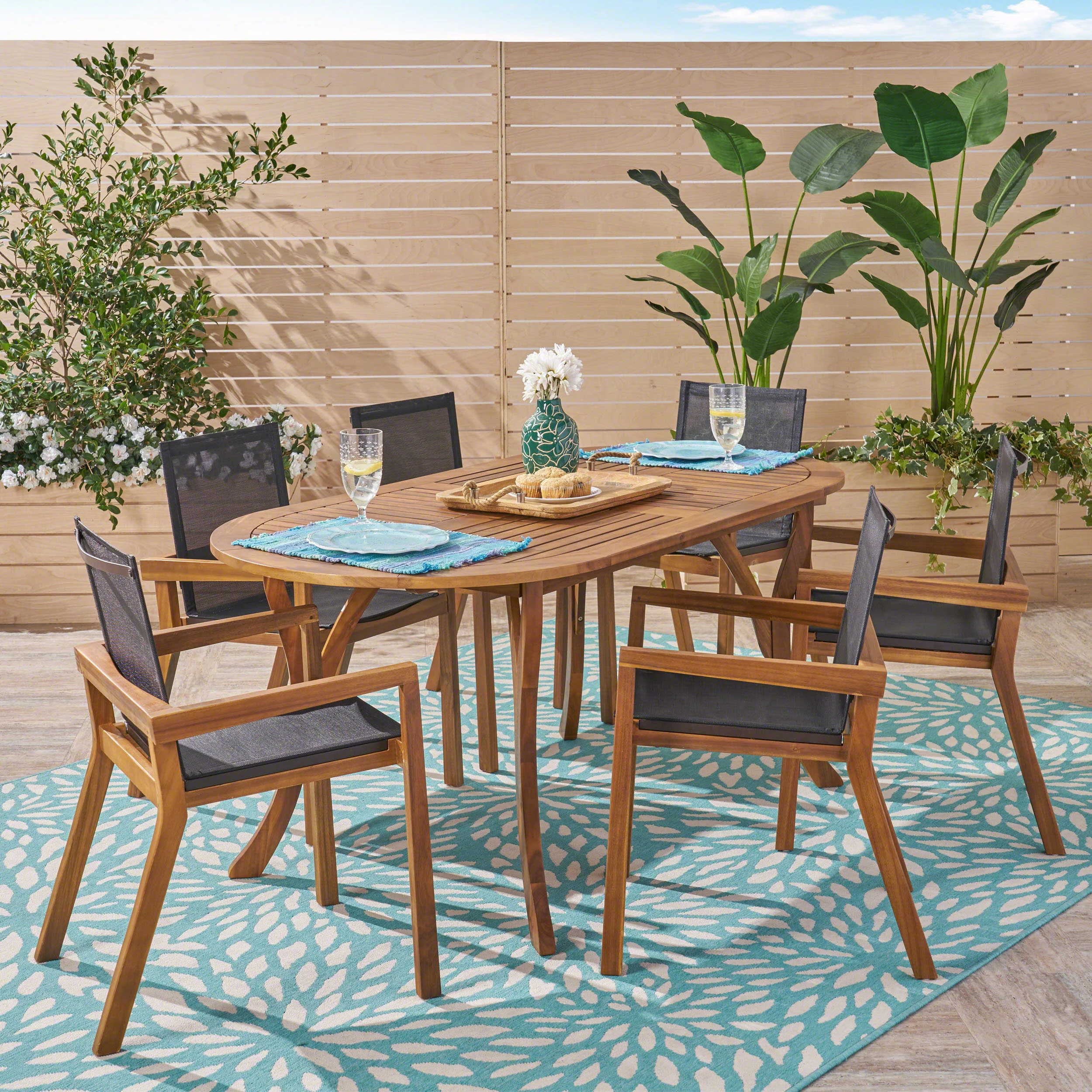 Pitt Outdoor Acacia Wood 6 Seater Patio Dining Set with Mesh Seats - furnishings