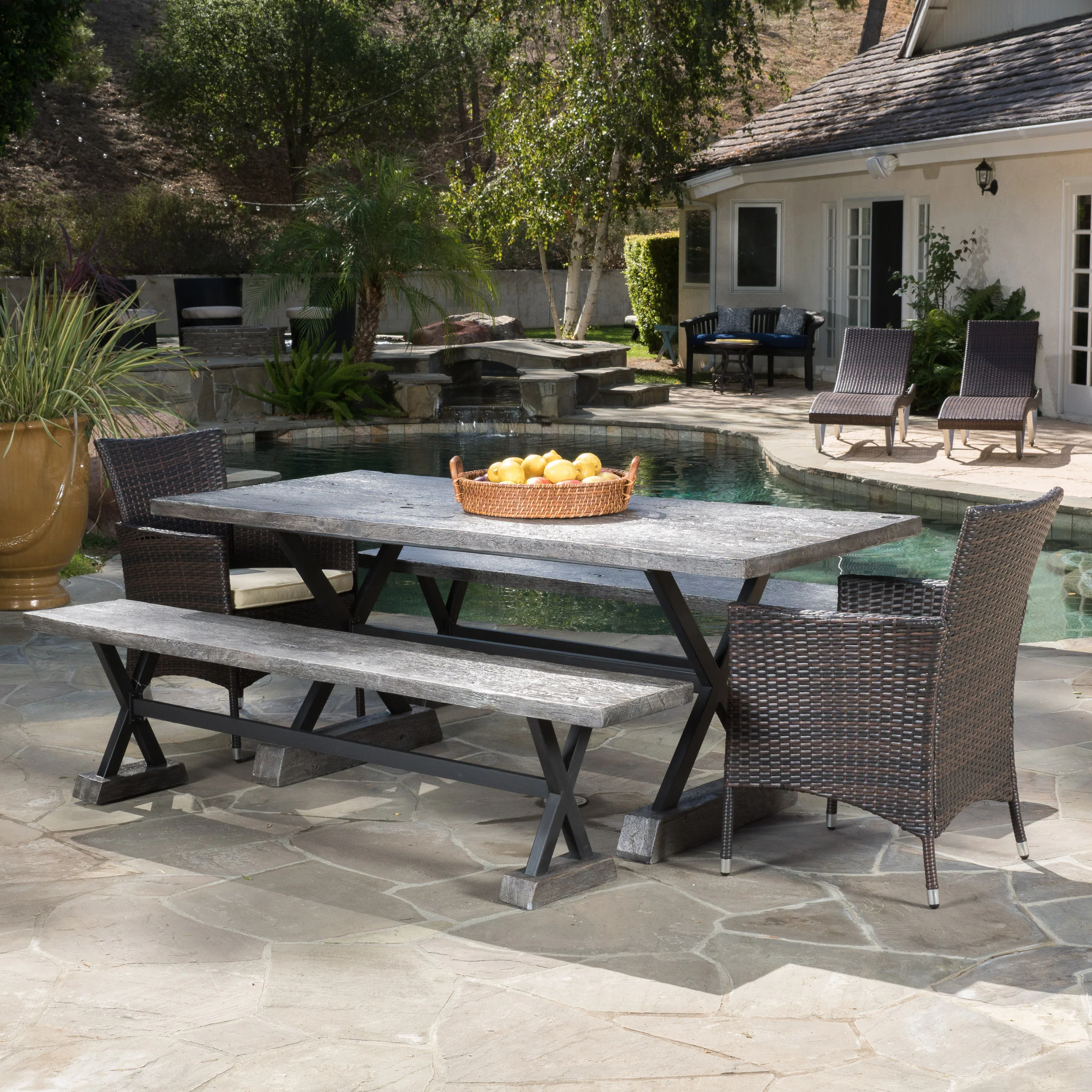 Snyder Outdoor 5 Piece Lightweight Concrete Dining Set with Benches - furnishings