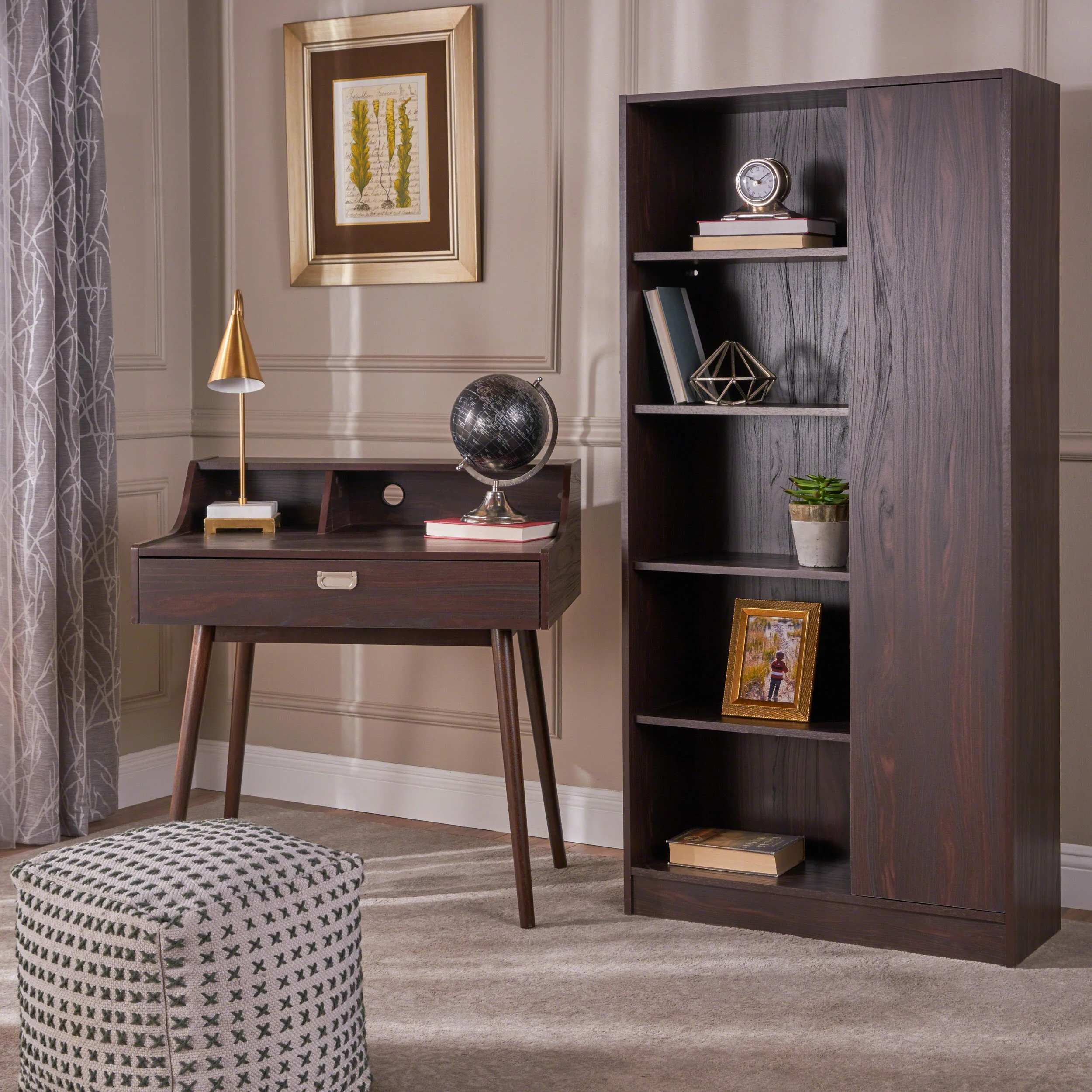 Ely Mid Century Modern Office Desk And Bookcase Set - furnishings