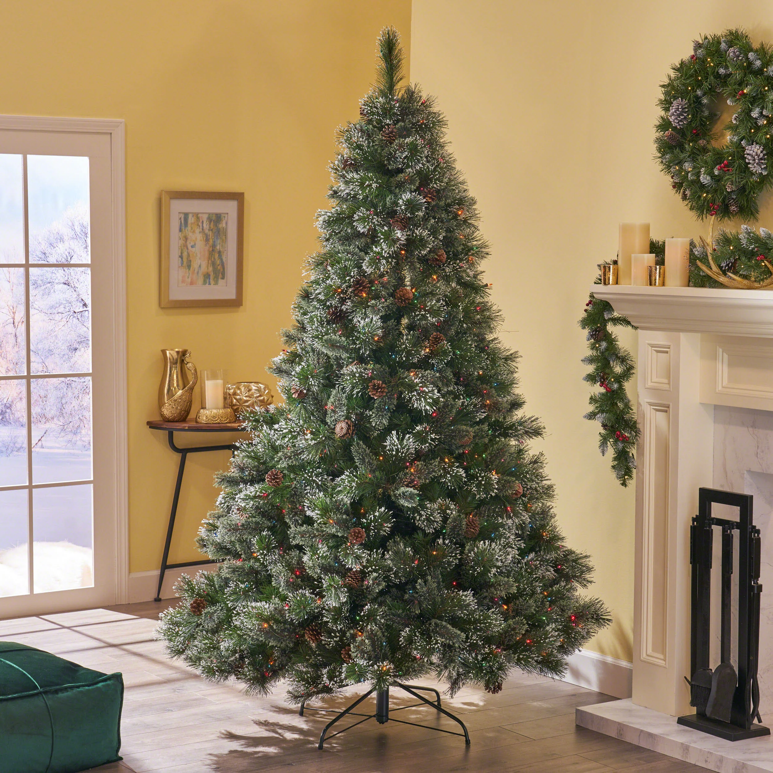 7.5-foot Cashmere Pine and Mixed Needles Hinged Artificial Christmas Tree with Snowy Branches and Pinecones - furnishings