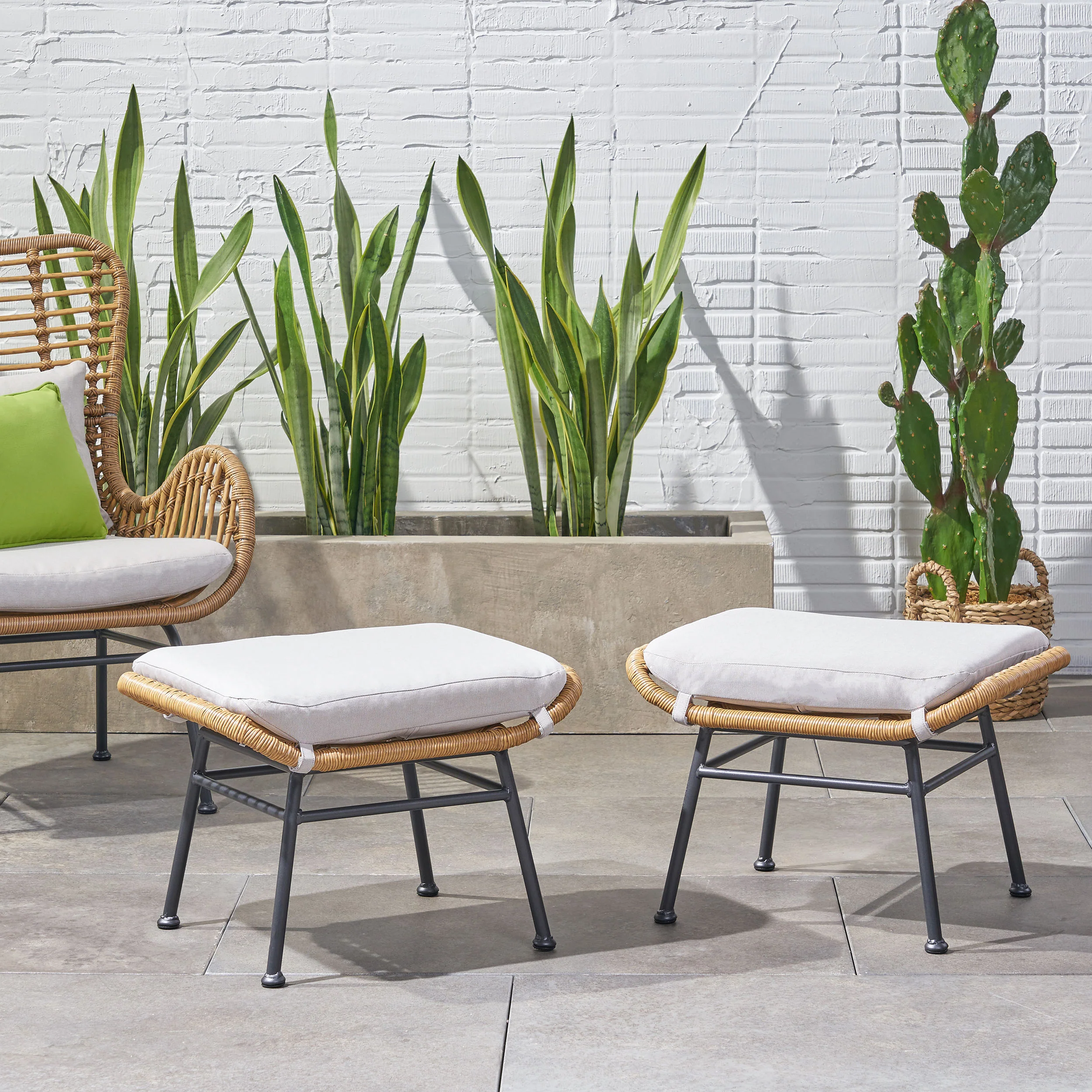 Gloria Outdoor Modern Boho Wicker Ottoman (Set of 2) - furnishings