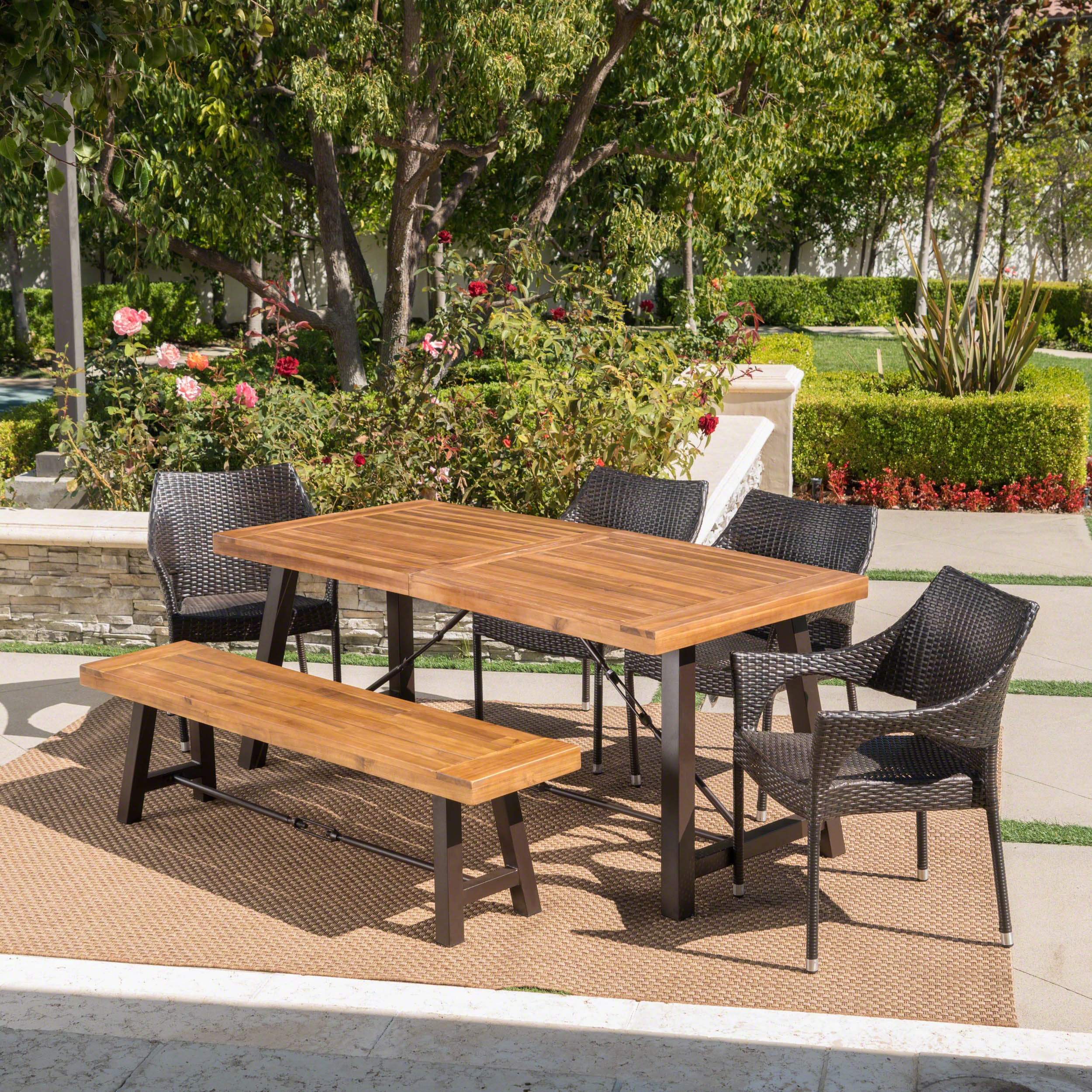 Montenegro Outdoor 6 Piece Teak Finished Acacia Wood Dining Set with Stacking Chairs - furnishings