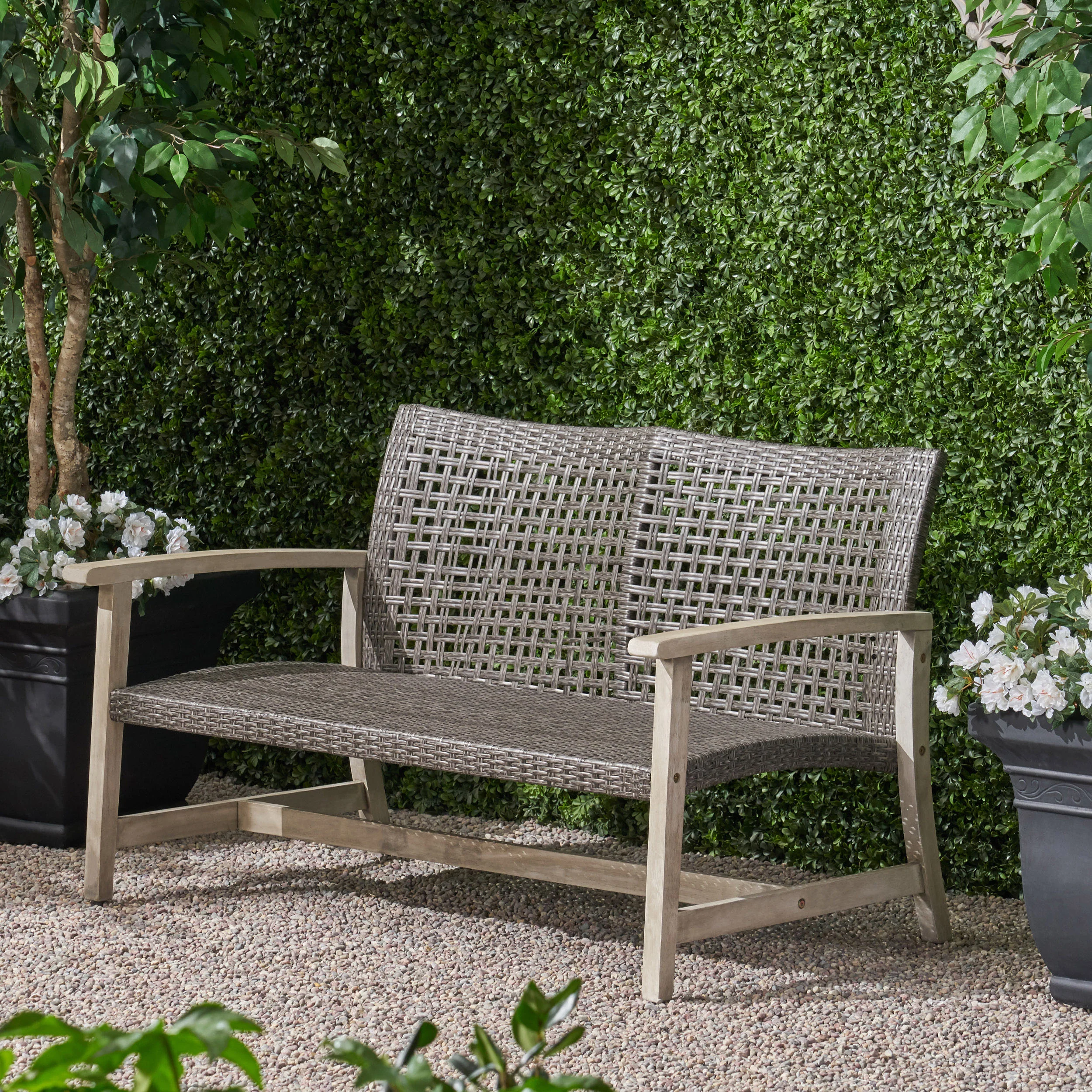 Marcia Outdoor Wood and Wicker Loveseat - furnishings