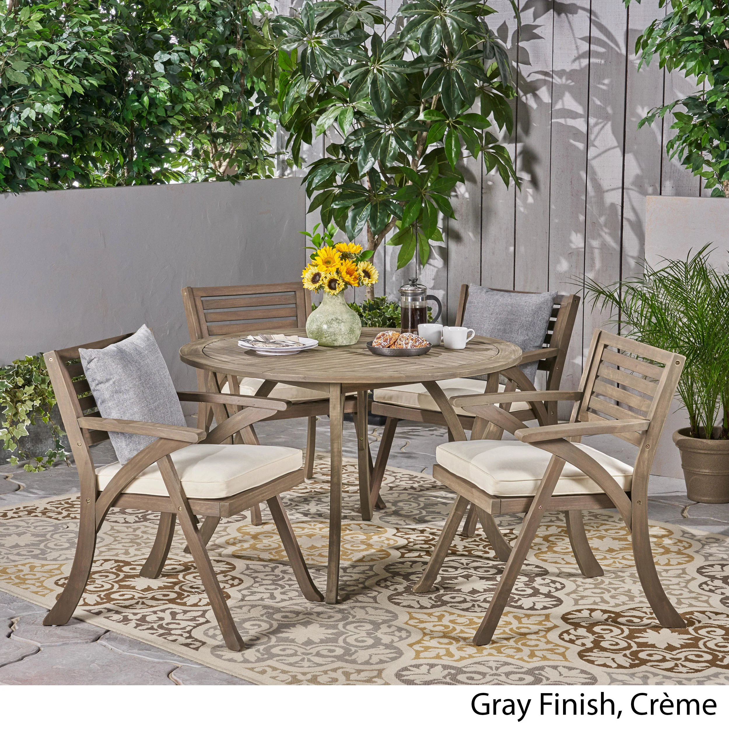 Hestia Outdoor 5 Piece Acacia Wood Dining Set with Round Table - furnishings