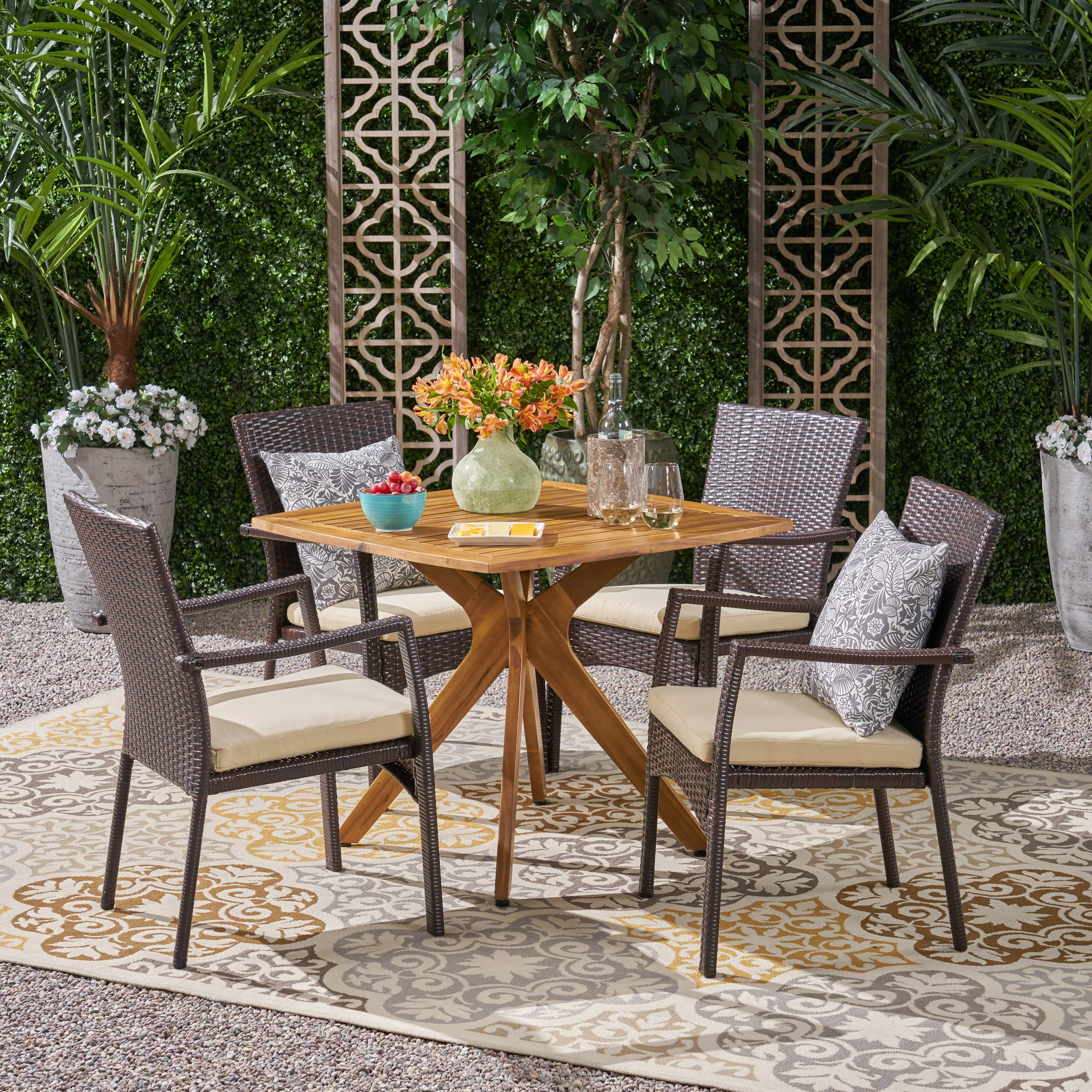 Holmes Outdoor 5 Piece Wood and Wicker Dining Set - furnishings