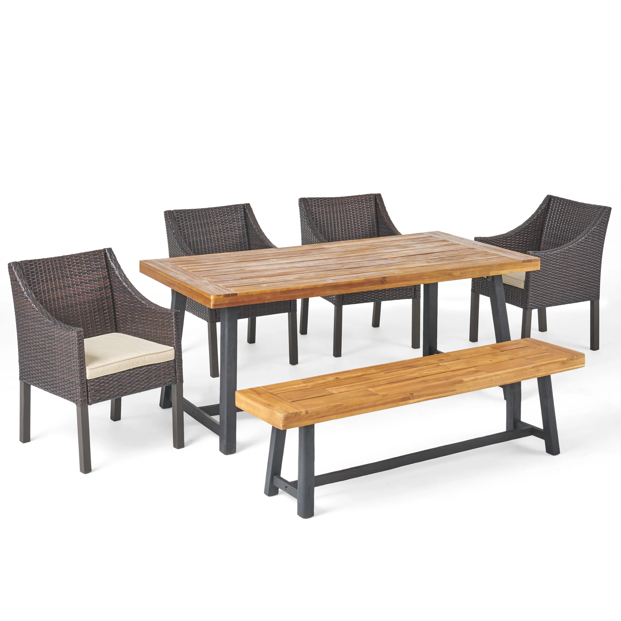 Kane Outdoor 6 Piece Dining Set with Wicker Chairs and Bench, Sandblast Teak and Multi Brown and Beige - furnishings