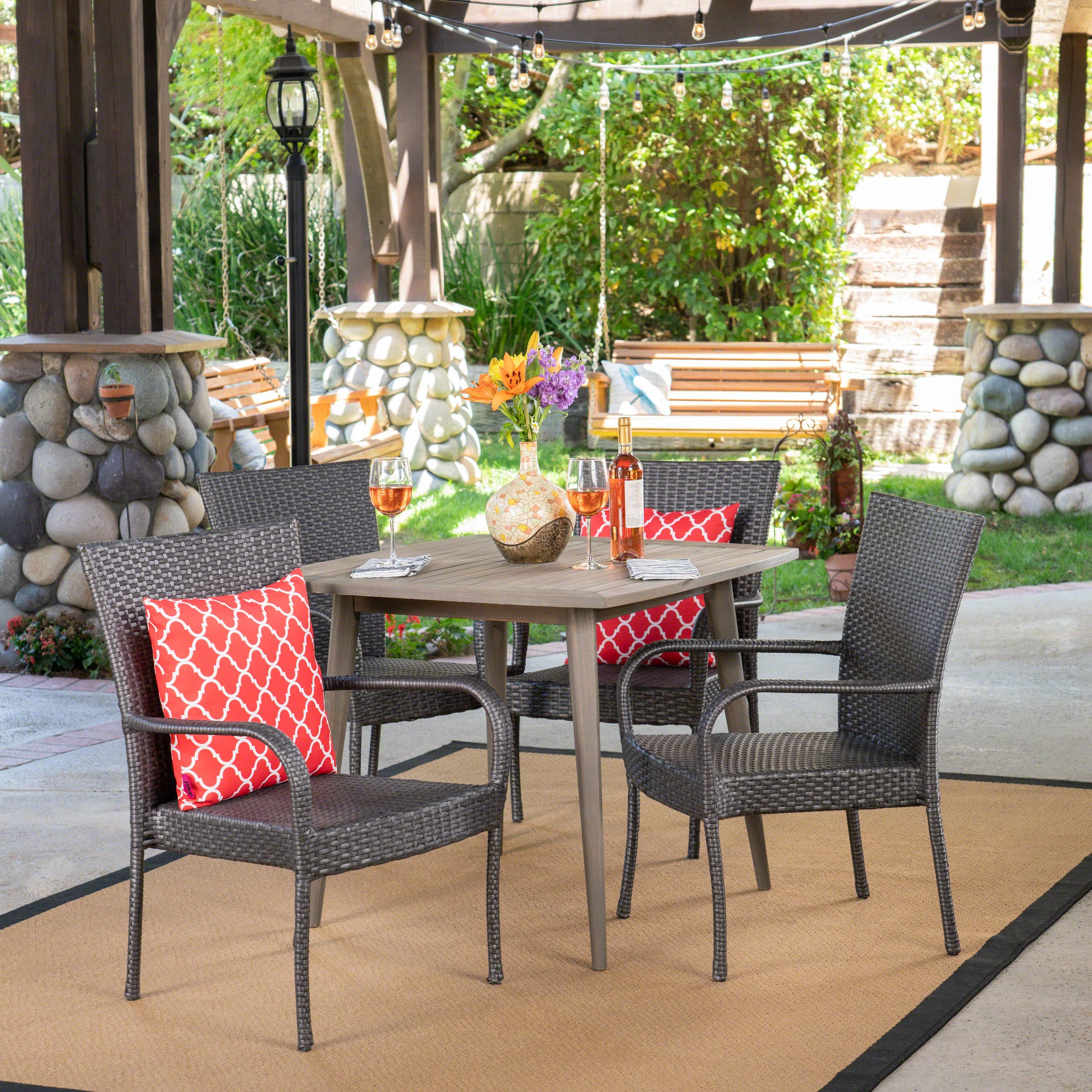 Murphy Outdoor 5 Piece Wood and Wicker Dining Set, Gray and Gray - furnishings