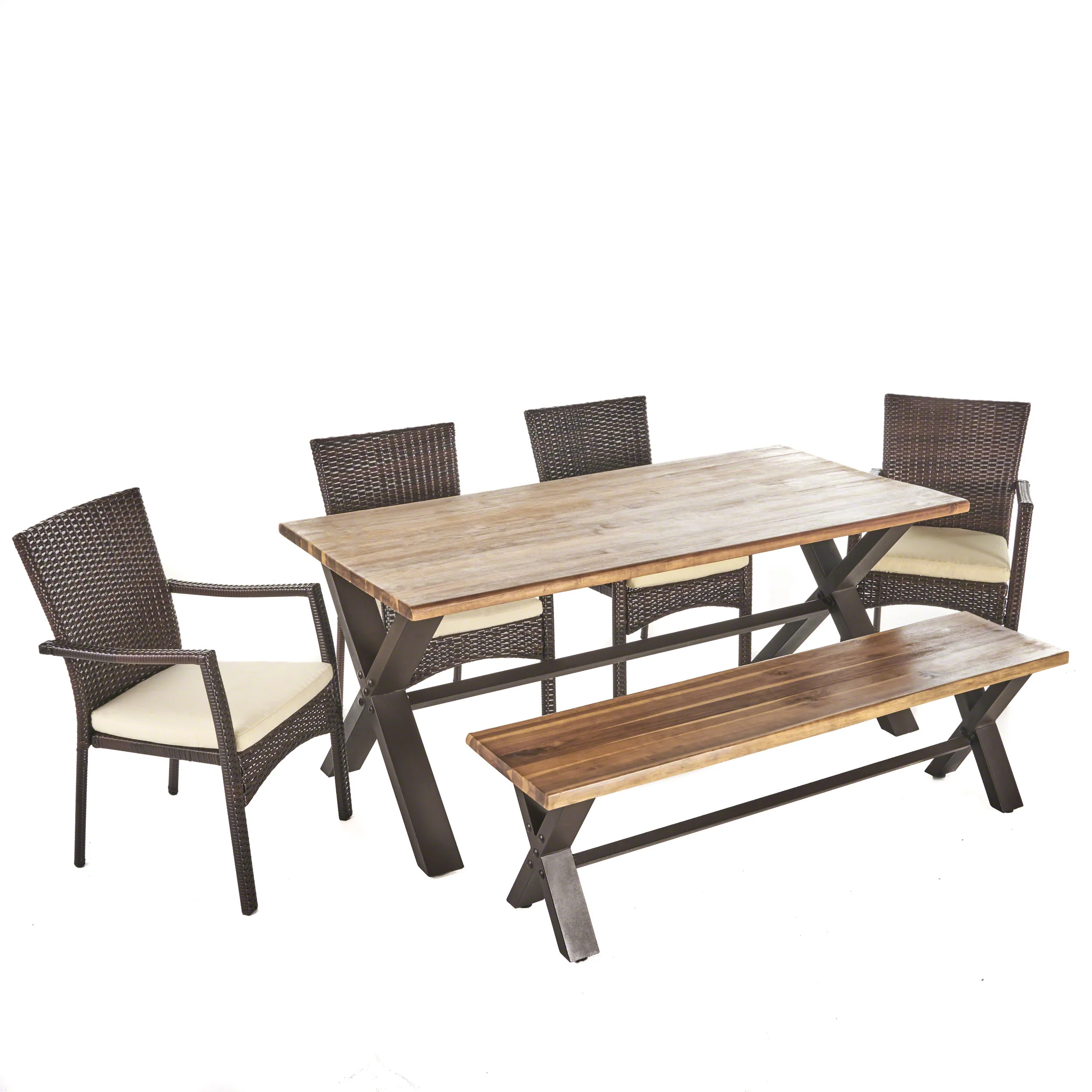 Brent Outdoor 6 Piece Acacia Wood Dining Set with Wicker Dining Chairs - furnishings