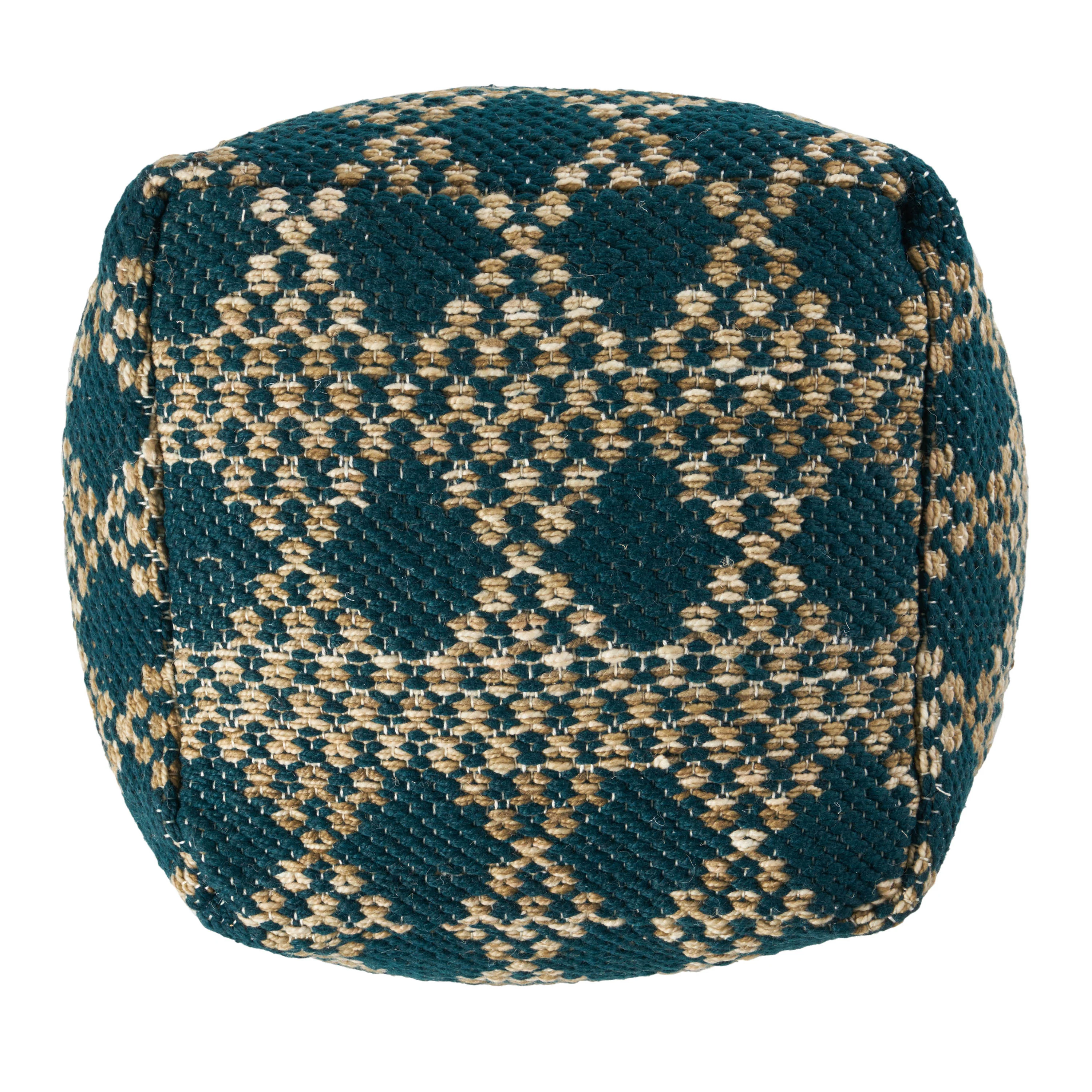 Mamie Boho Diamond Pattern Teal and Beige Yarn Cube Pouf - furnishings