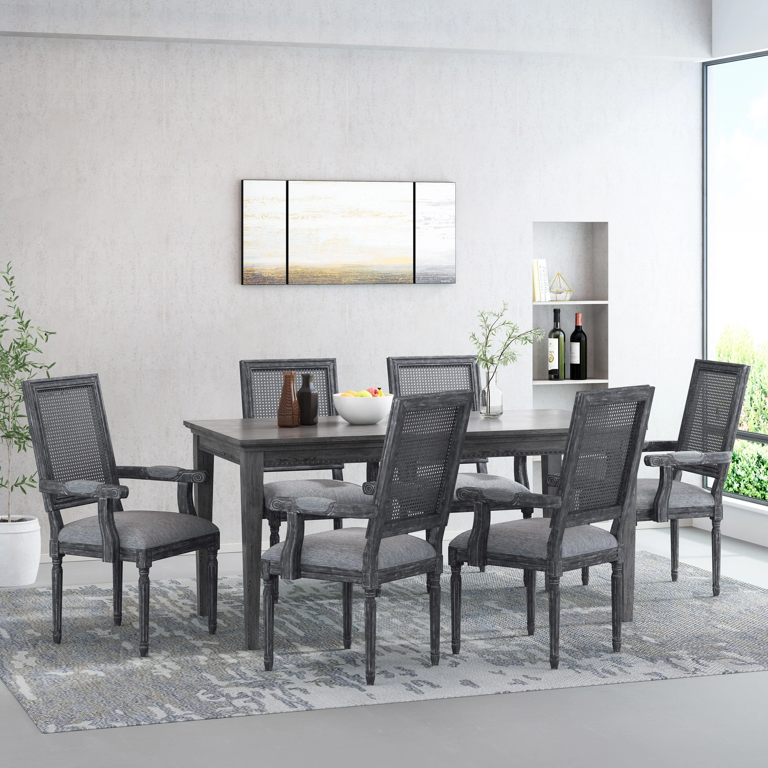 Zentner French Country Upholstered Wood and Cane Upholstered Dining Chairs, Set of 6 - furnishings