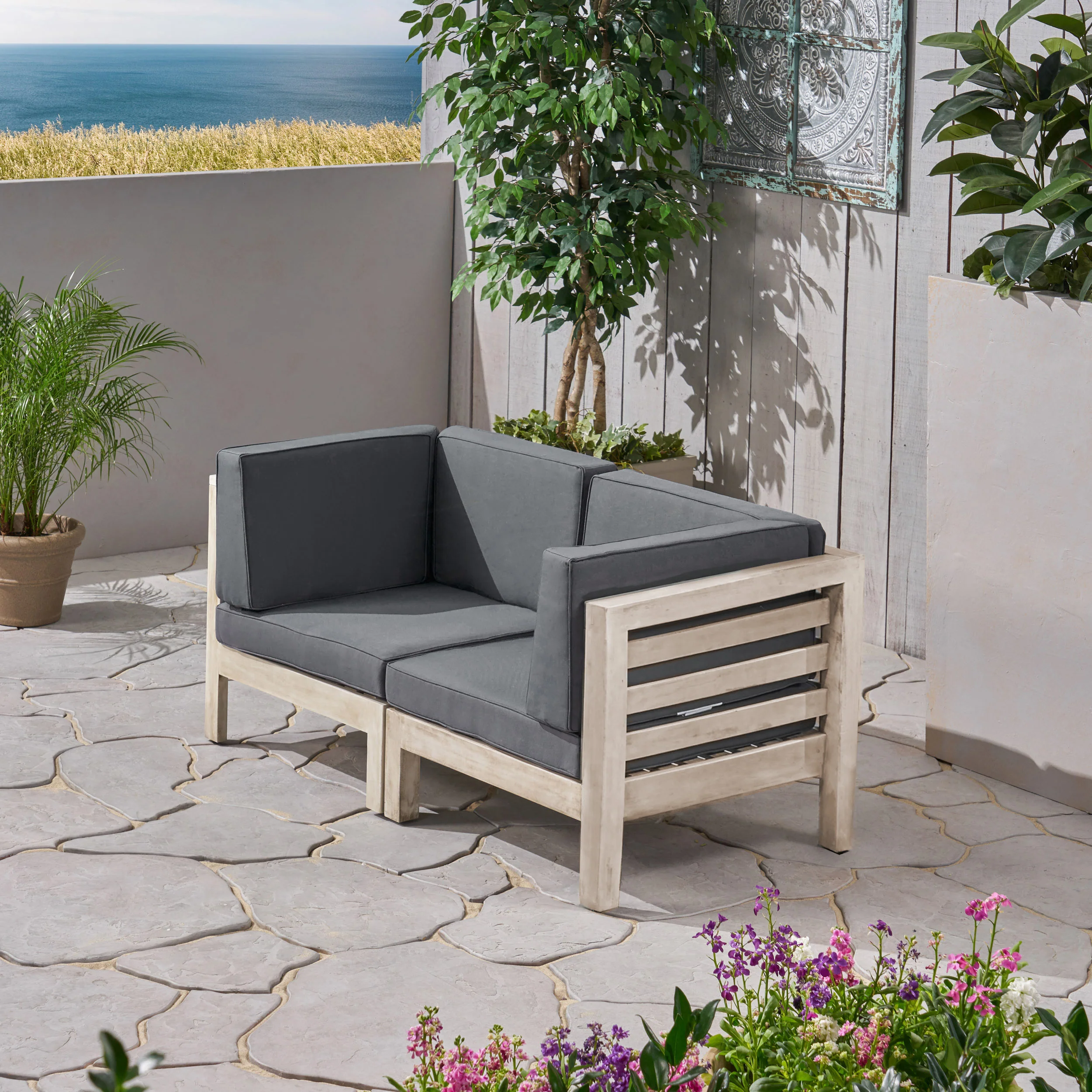 Dawson Outdoor 2-Seater Acacia Wood Sectional Loveseat Set with Cushions - furnishings