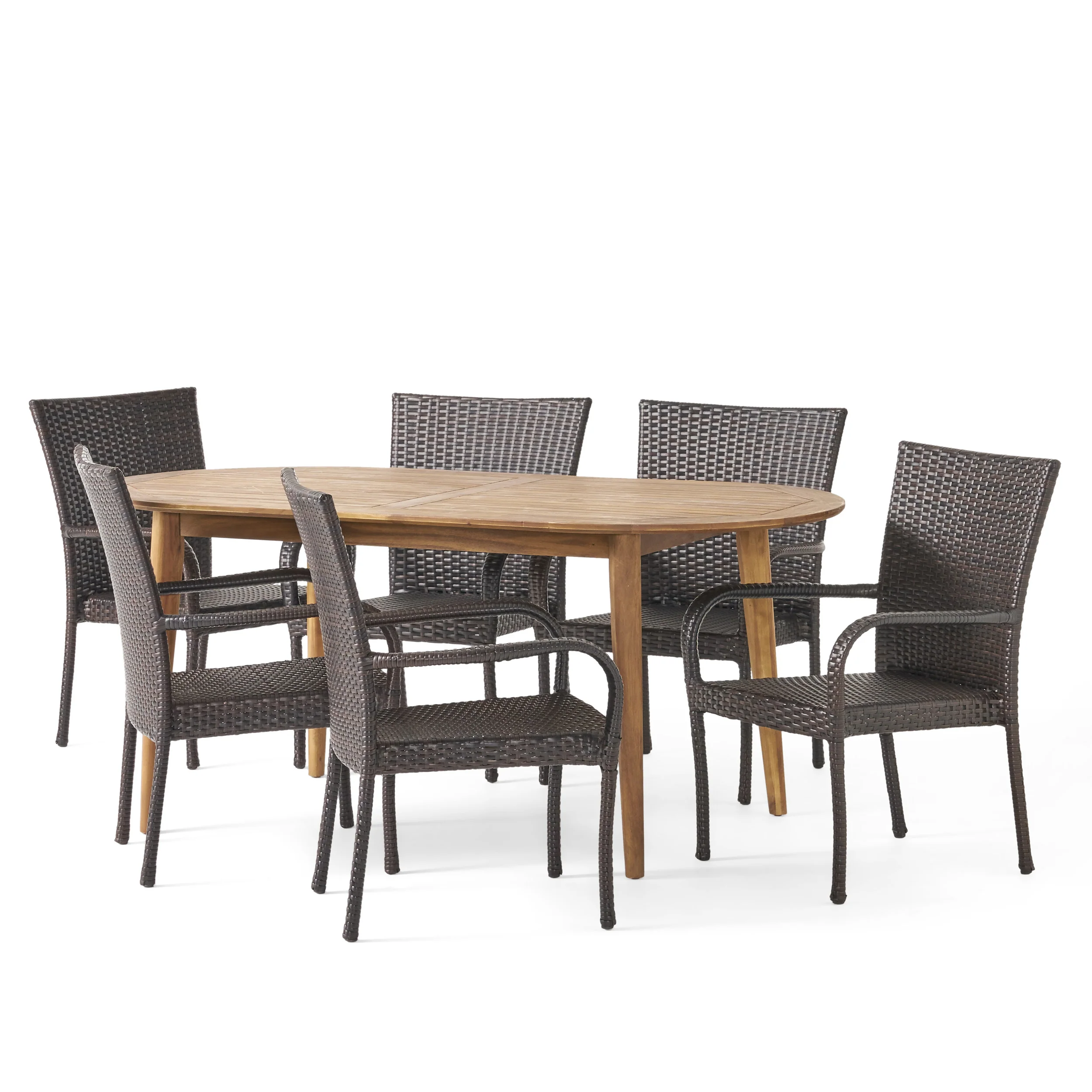 Elle Outdoor 7 Piece Acacia Wood Dining Set with Stacking Wicker Chairs - furnishings