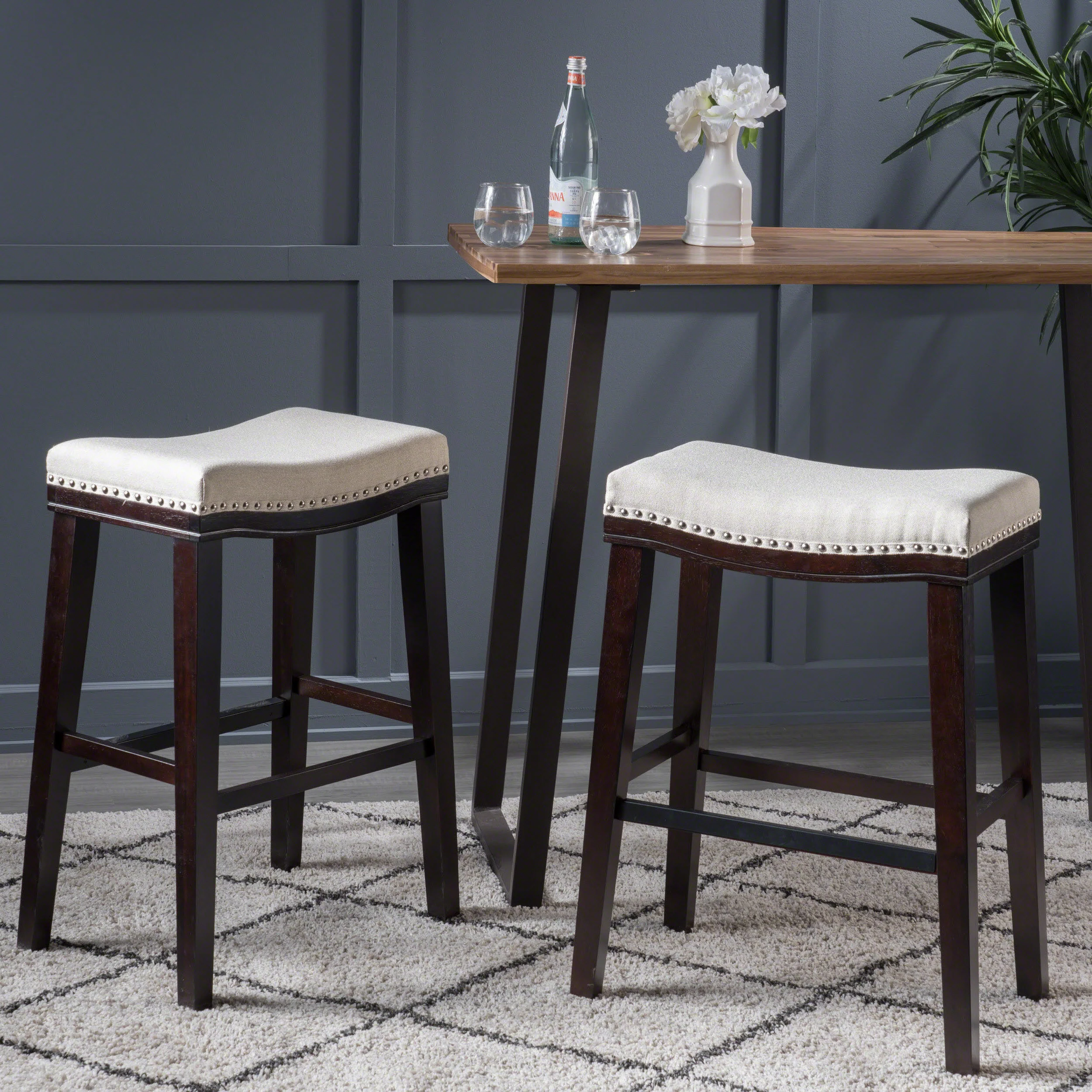 Estes Studded 30 Inch Beige Fabric Saddle Barstool, Set of 2 - furnishings