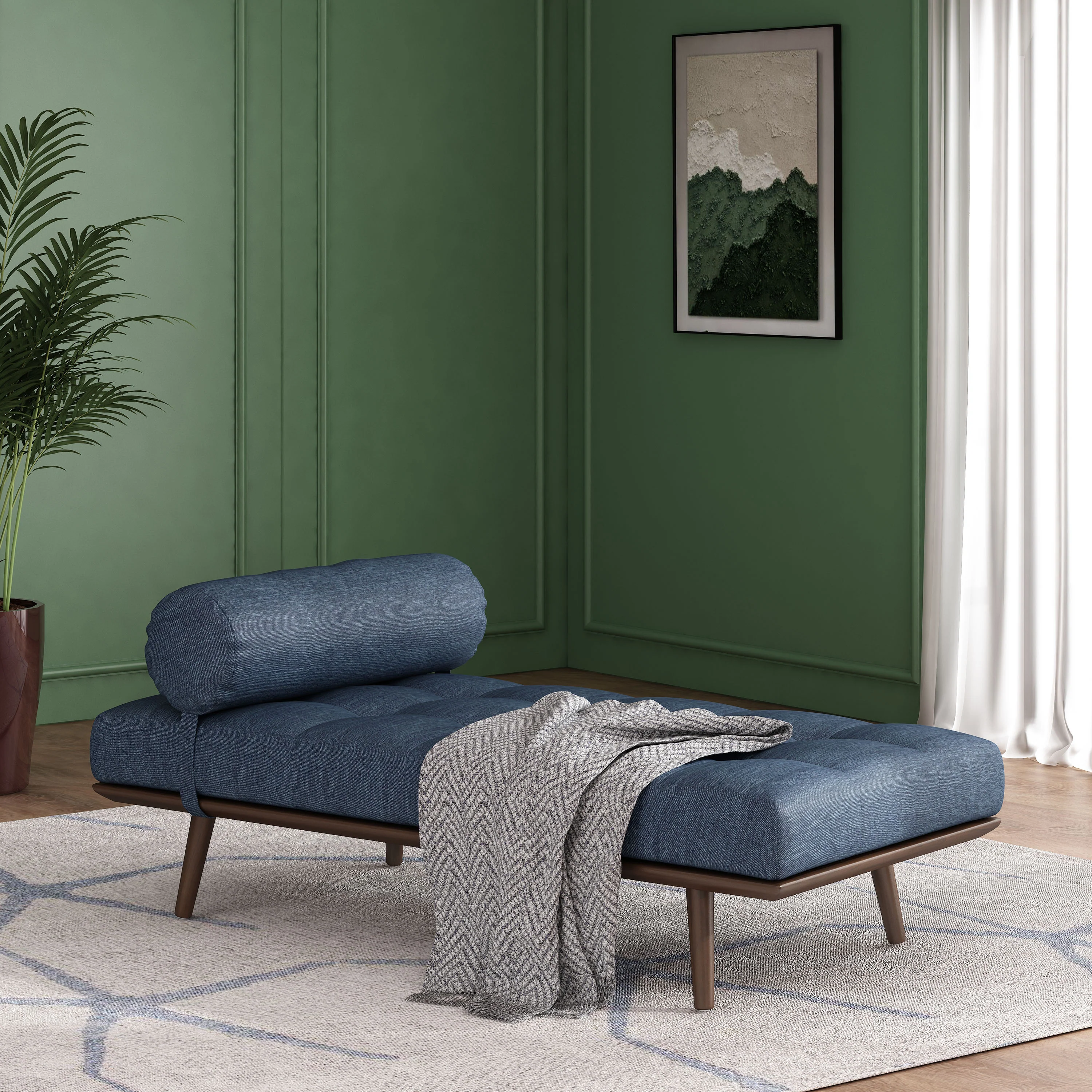 Lancer Mid Century Modern Fabric Tufted Chaise Lounge with Bolster Pillow - furnishings