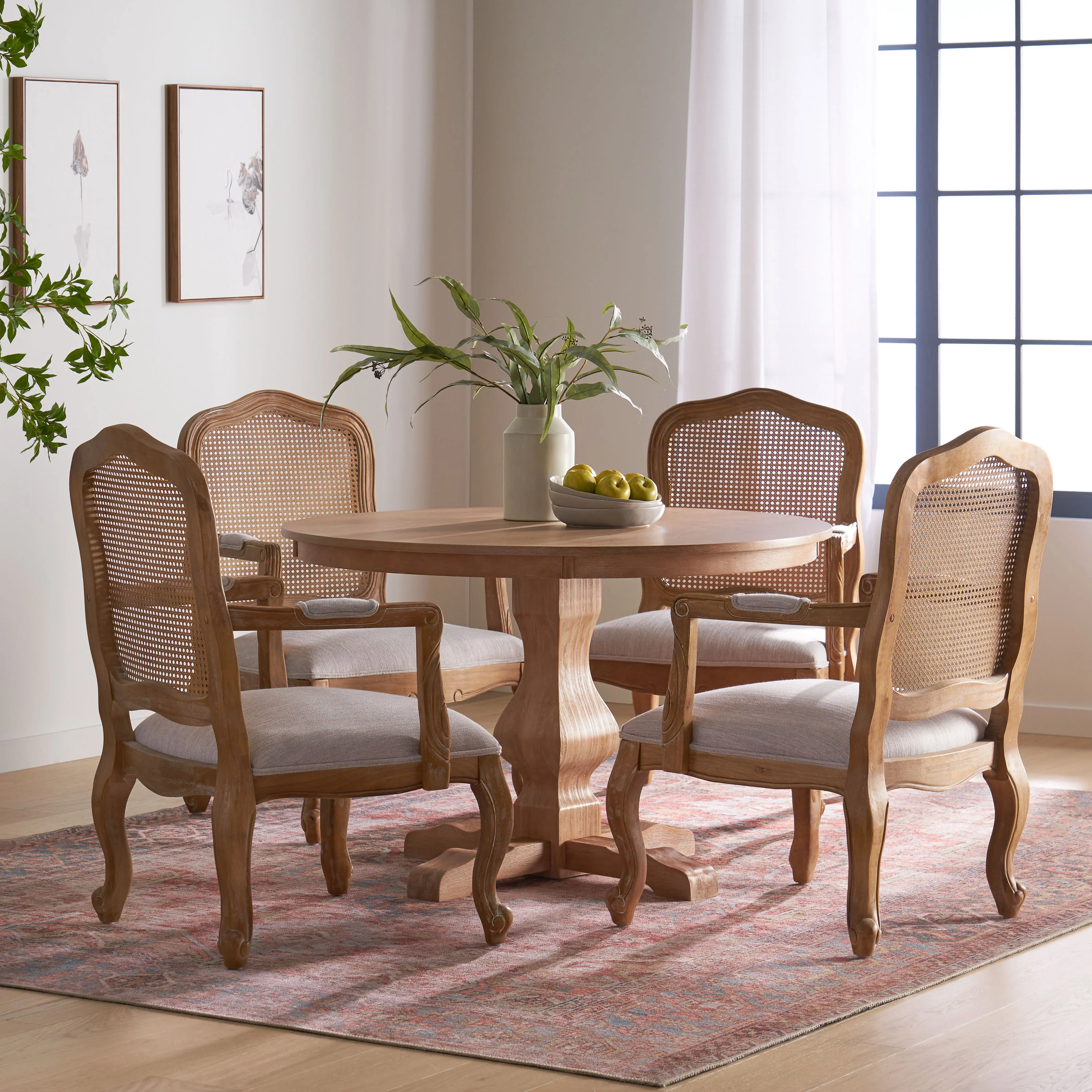 Absaroka French Country Fabric Upholstered Wood and Cane 5 Piece Circular Dining Set - furnishings