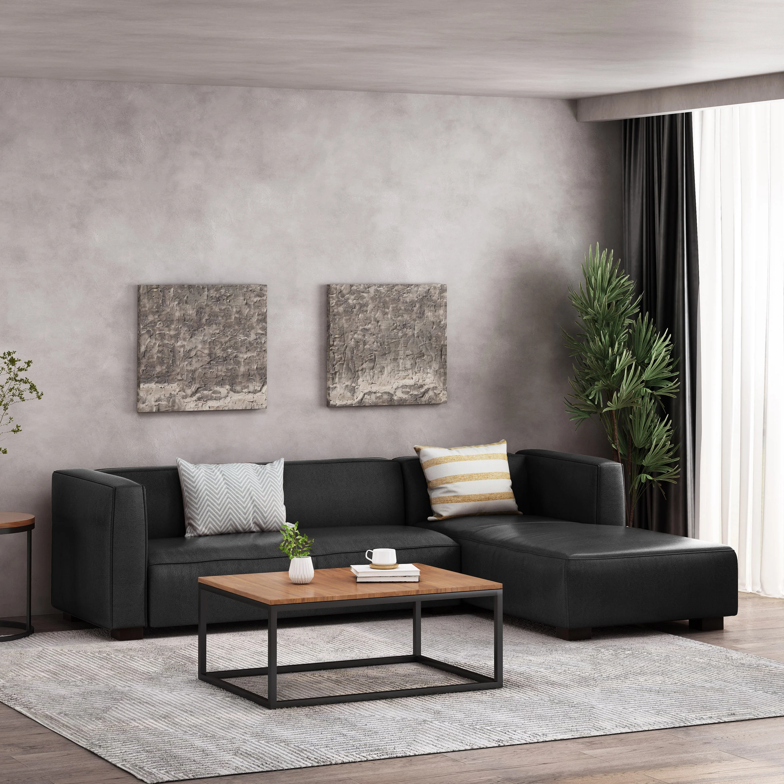 Minkler Contemporary Faux Leather 3 Seater Sofa with Chaise Lounge - furnishings