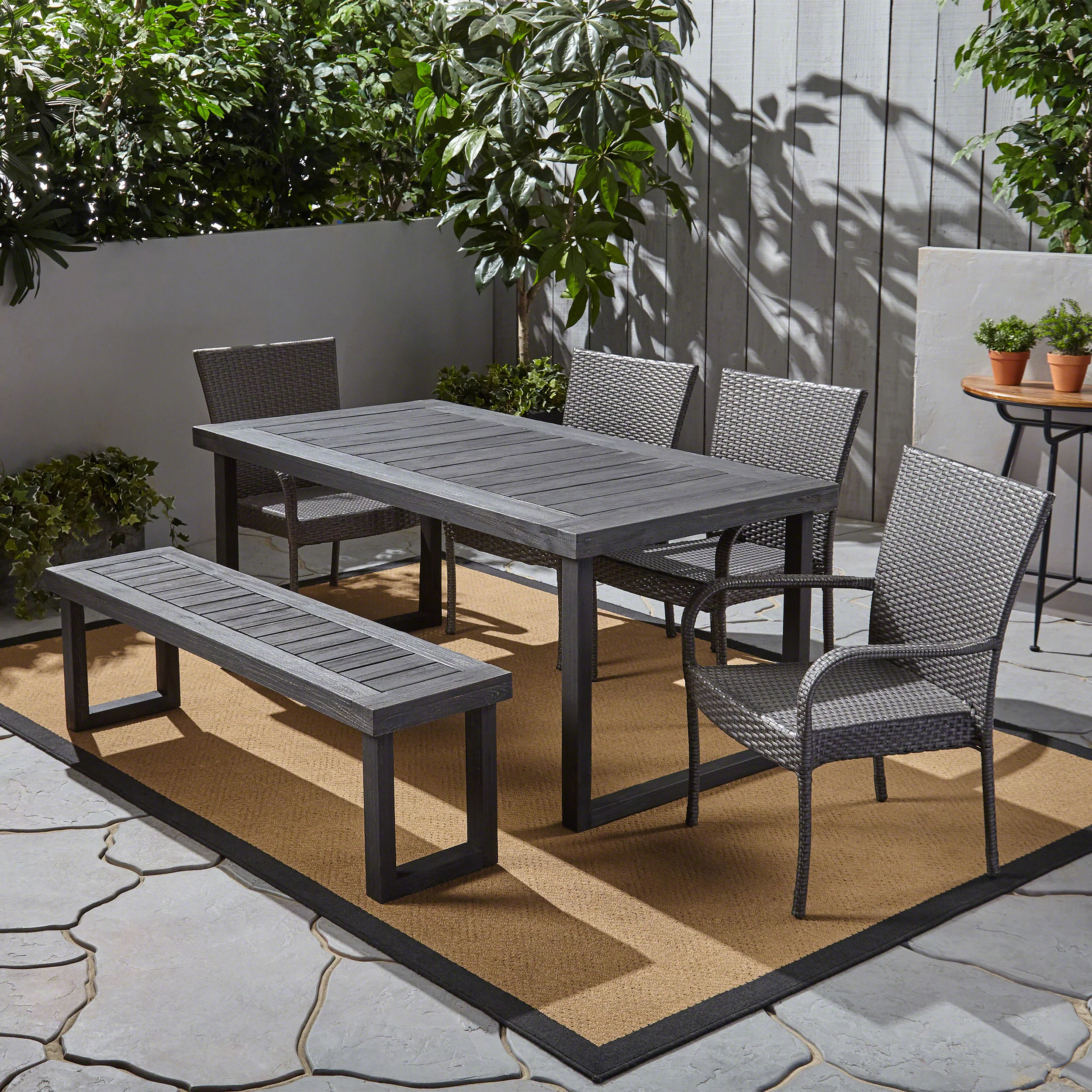 Eric Outdoor 6-Seater Wood and Wicker Chair and Bench Dining Set - furnishings