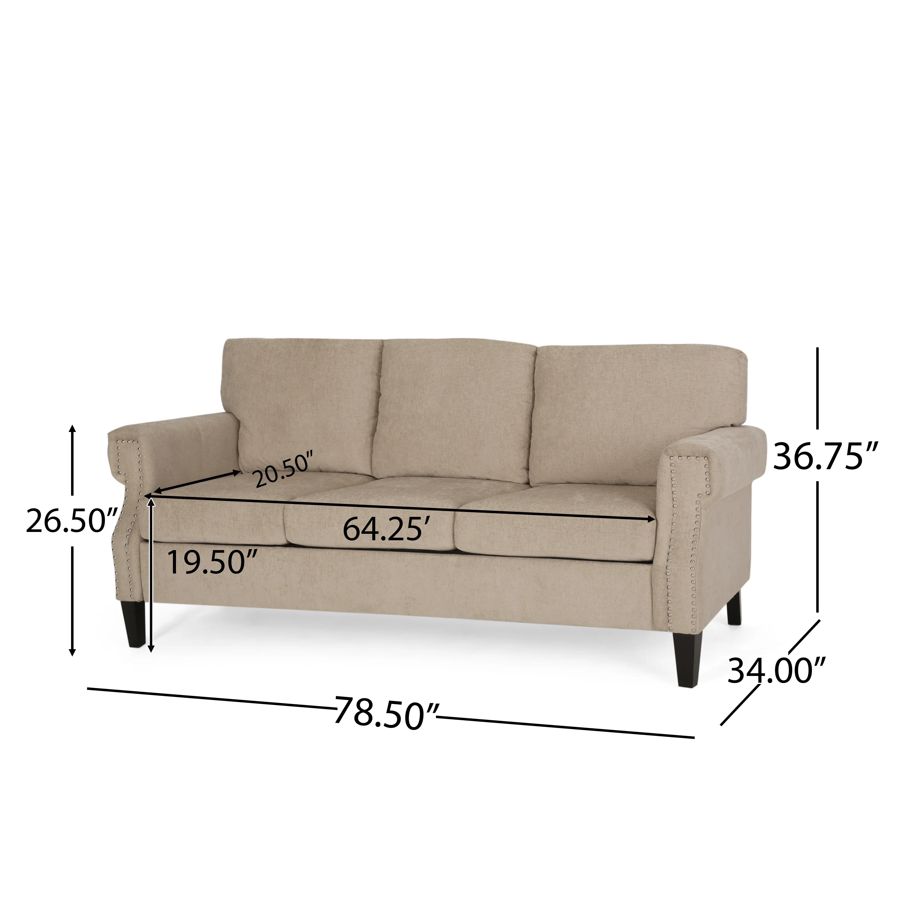 Dobles Contemporary Fabric 3 Seater Sofa with Nailhead Trim - furnishings