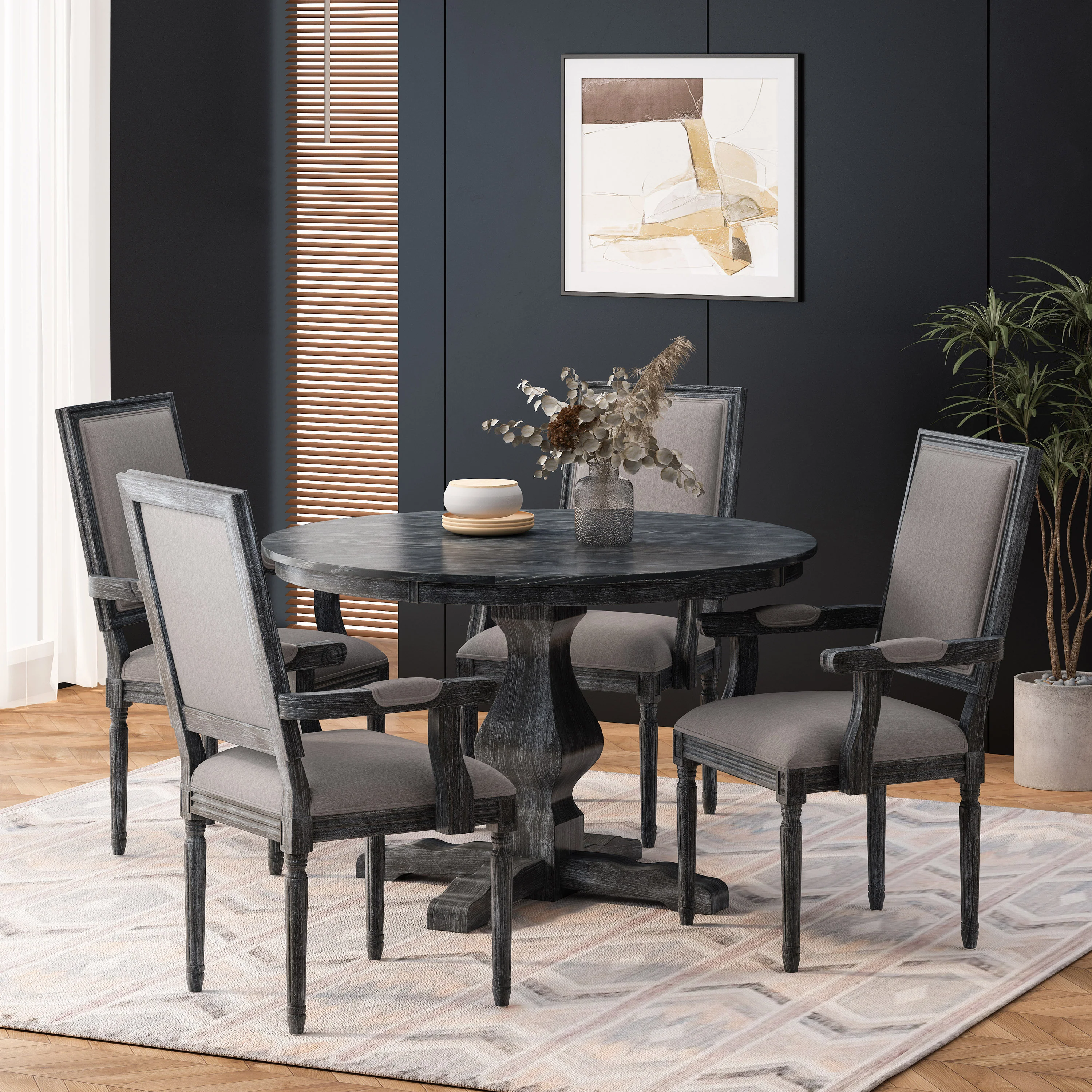 Joretta French Country Fabric Upholstered Wood 5 Piece Circular Dining Set - furnishings