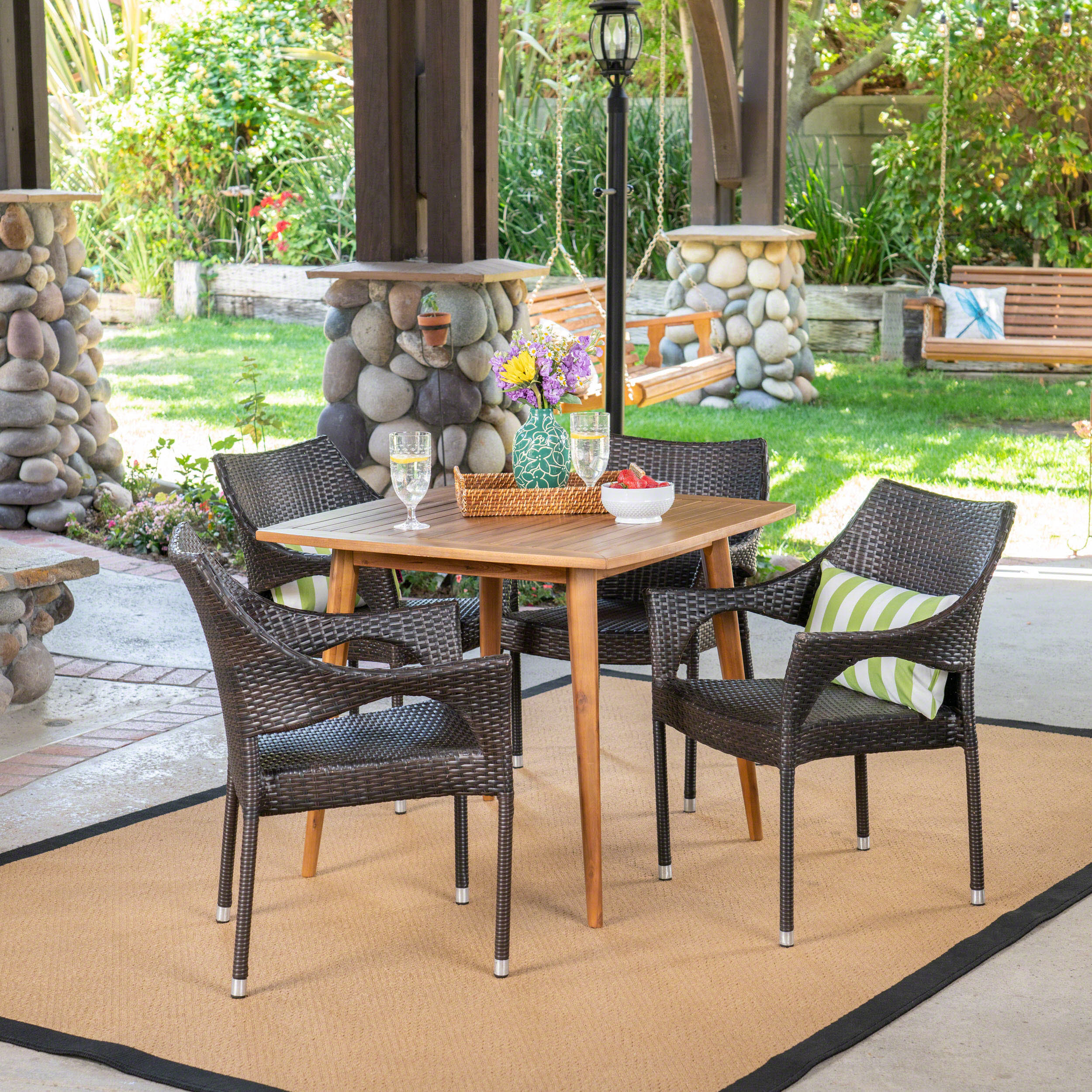Nash Outdoor 5 Piece Wood and Wicker Dining Set, Teak and Multi Brown - furnishings