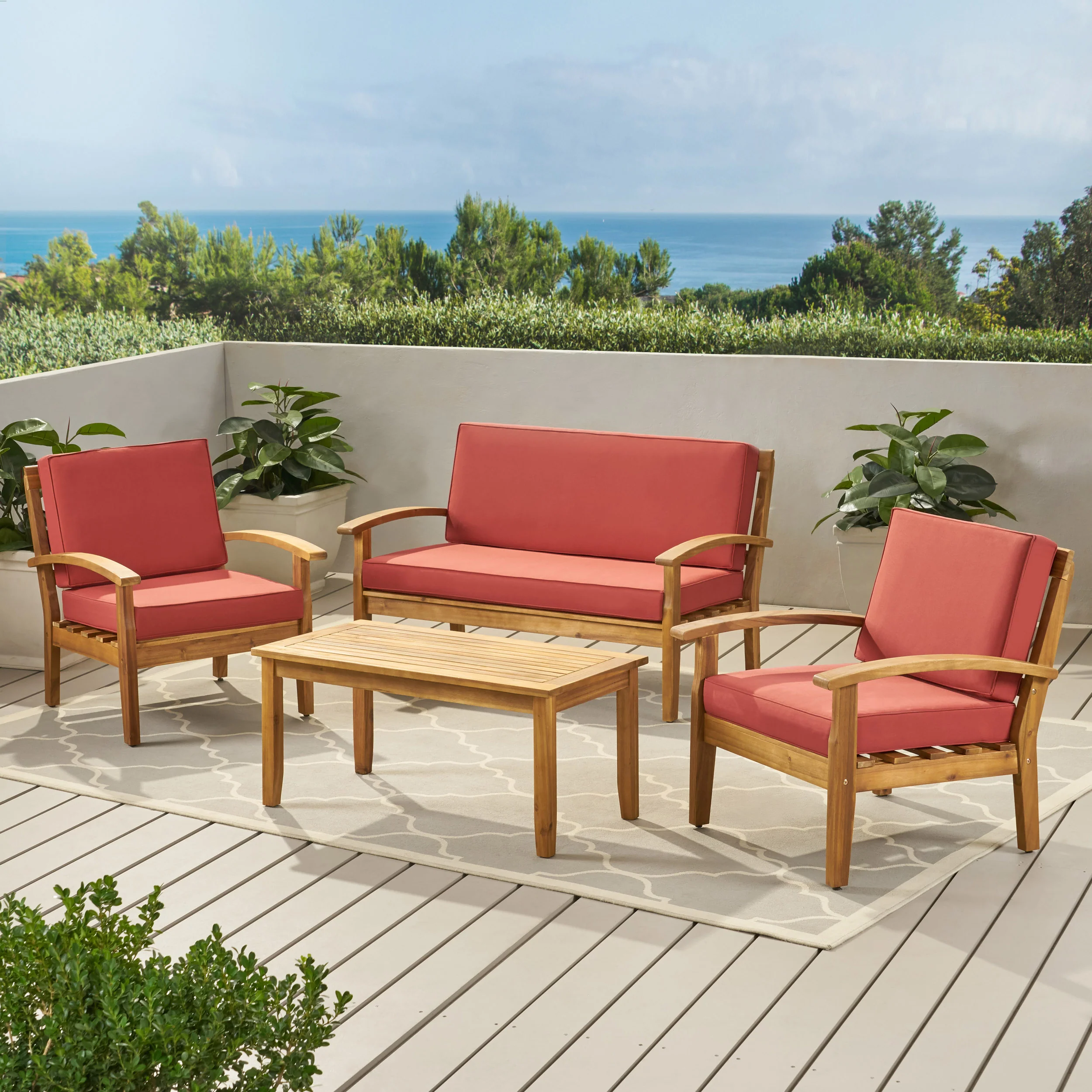 Peyton 4 Pc Acacia Wood Chat Set w/ Water Resistant Cushions - furnishings