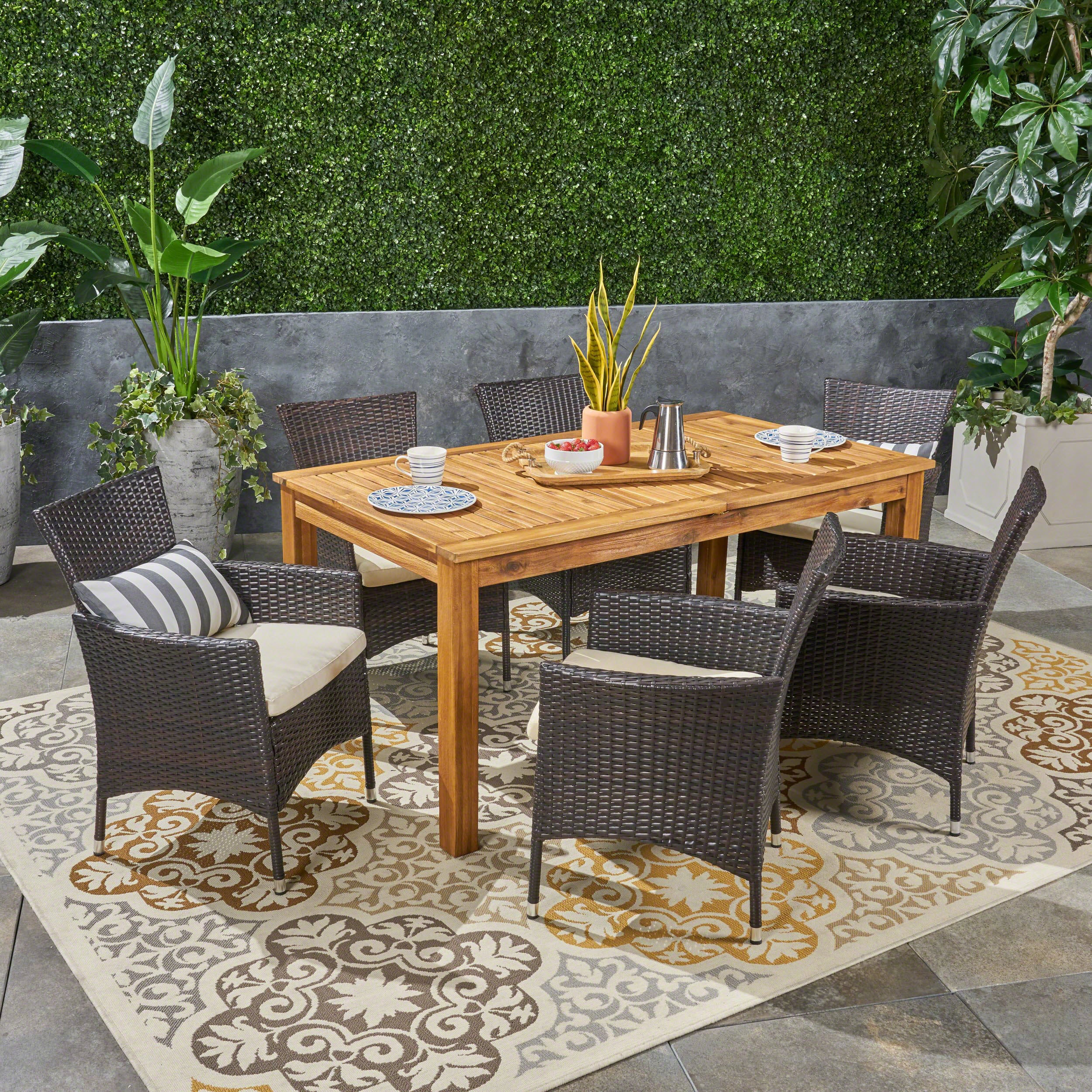 Saluda Outdoor Wood and Wicker Expandable Dining Set - furnishings