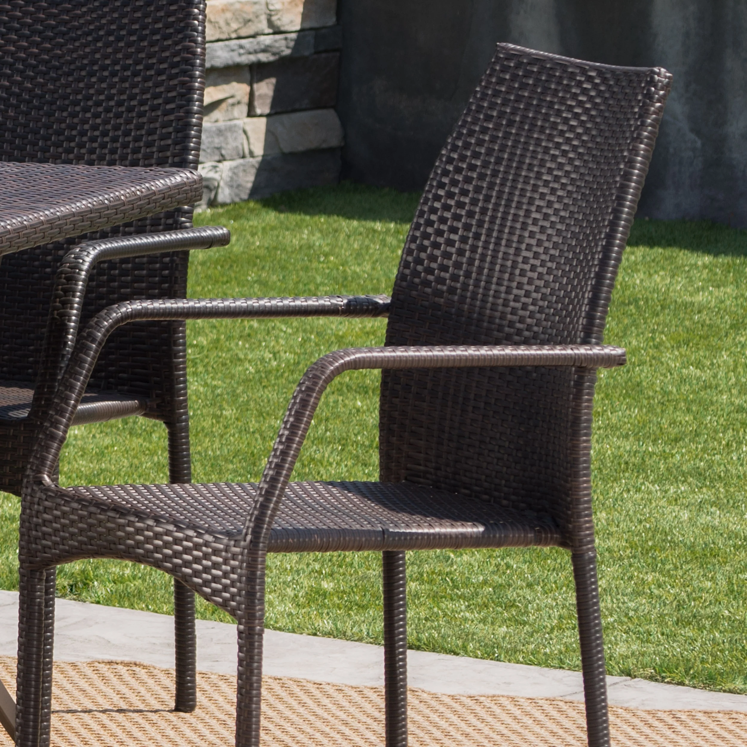 Arya Outdoor 7 Piece Multi-brown Wicker Dining Set with Foldable Table and Stack - furnishings